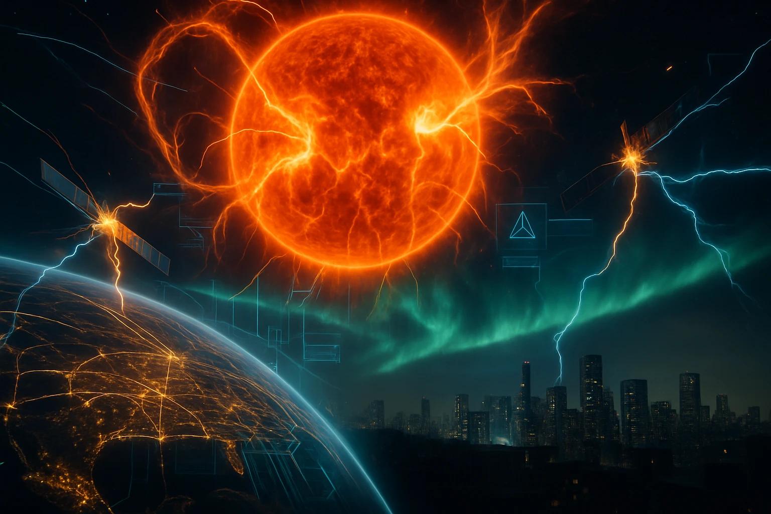 Egy hatalmas, lángoló nap látható, elektromos kisülésekkel, a Föld és egy város sziluettje mellett.