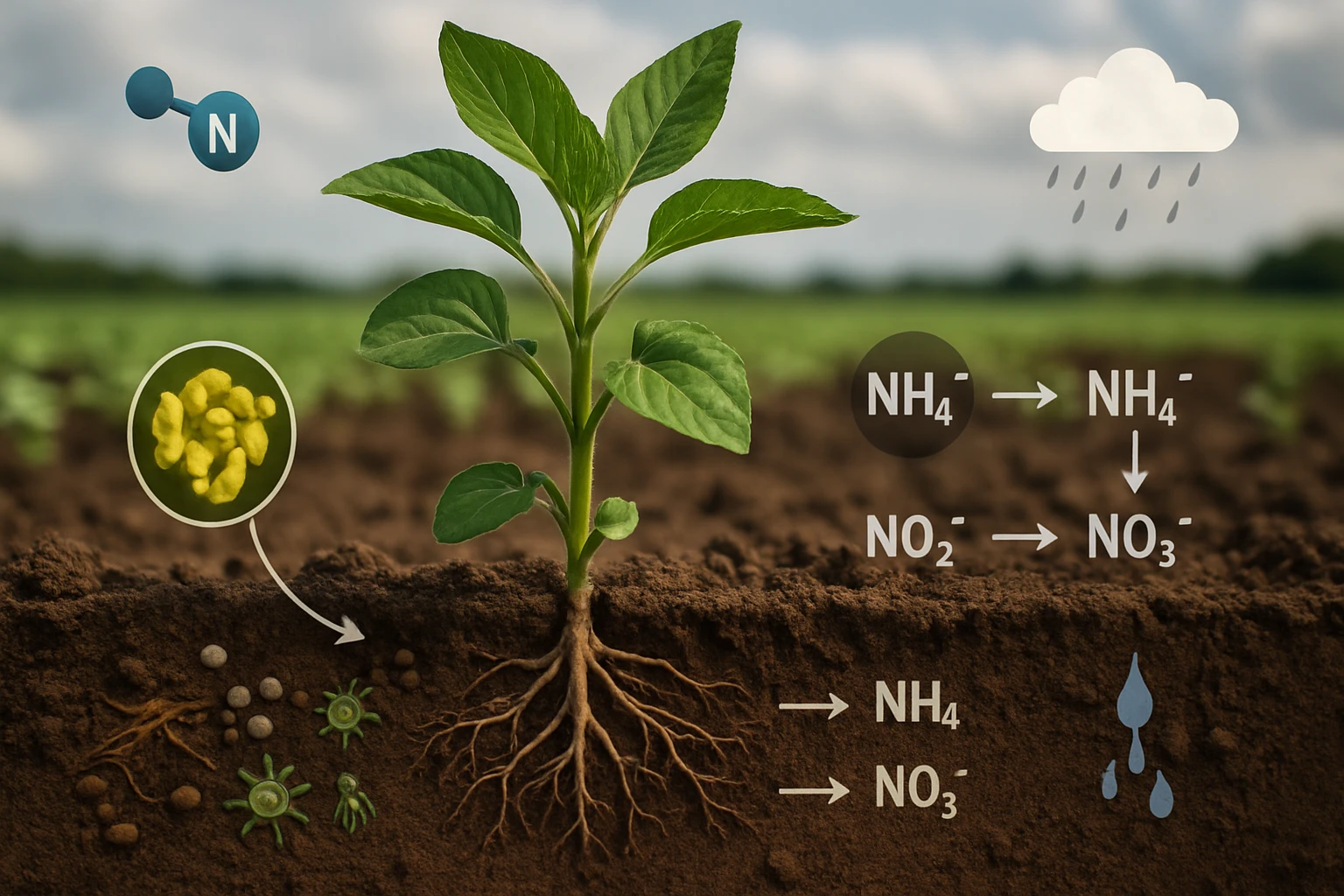 Egy növény gyökerei a talajban, nitrogén ciklus diagrammal és baktériumokkal.