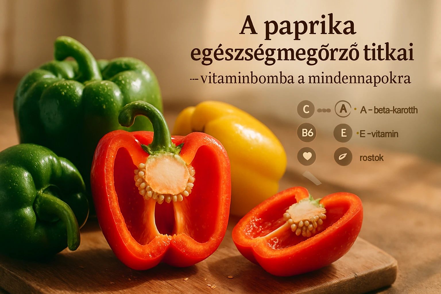 Különböző színű paprikák, köztük egy félbevágott piros paprika, amelynek belseje látható.