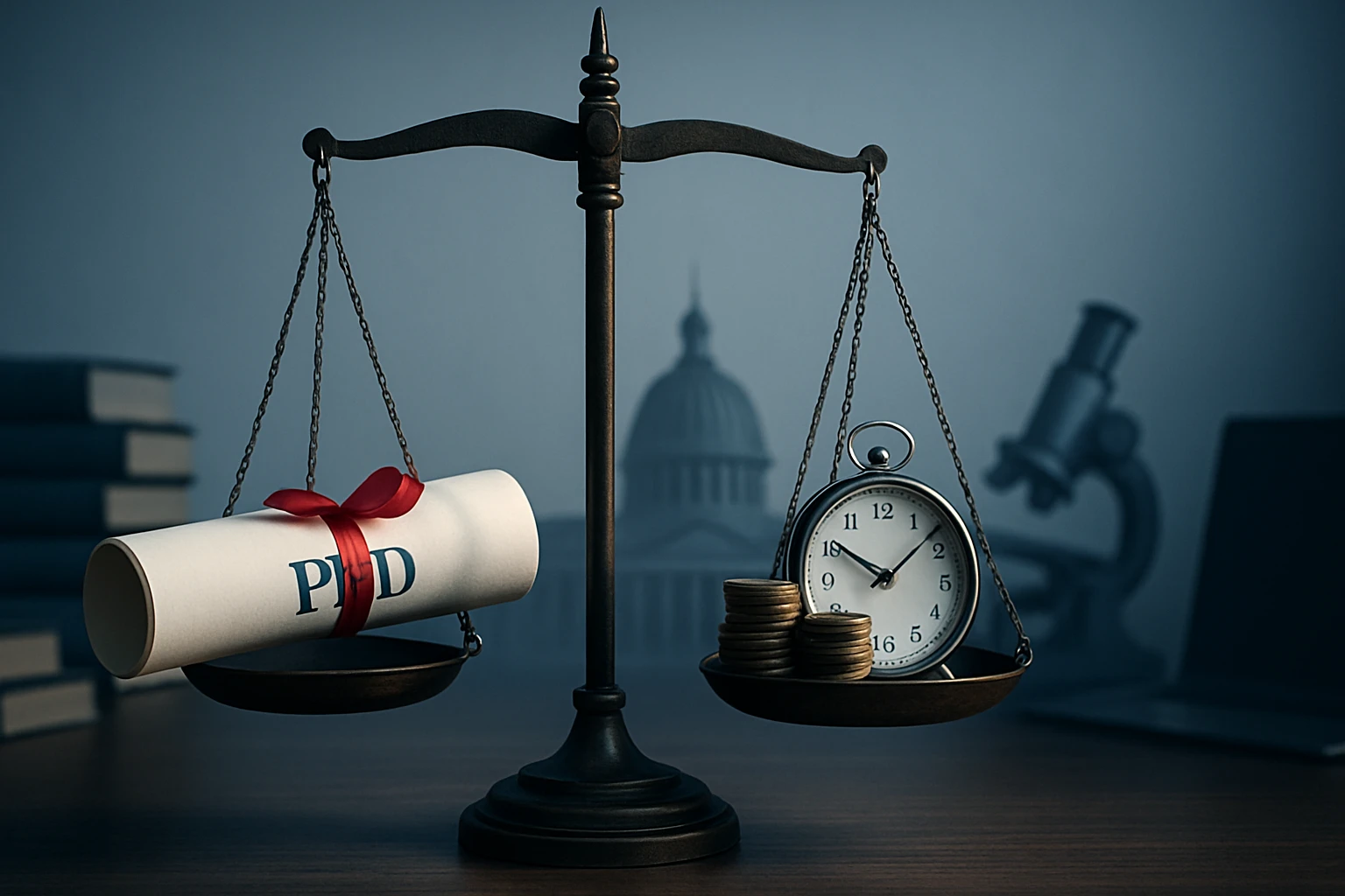 Egy mérleg, amelyen egy PhD diploma és egy óra pénzérmékkel látható.