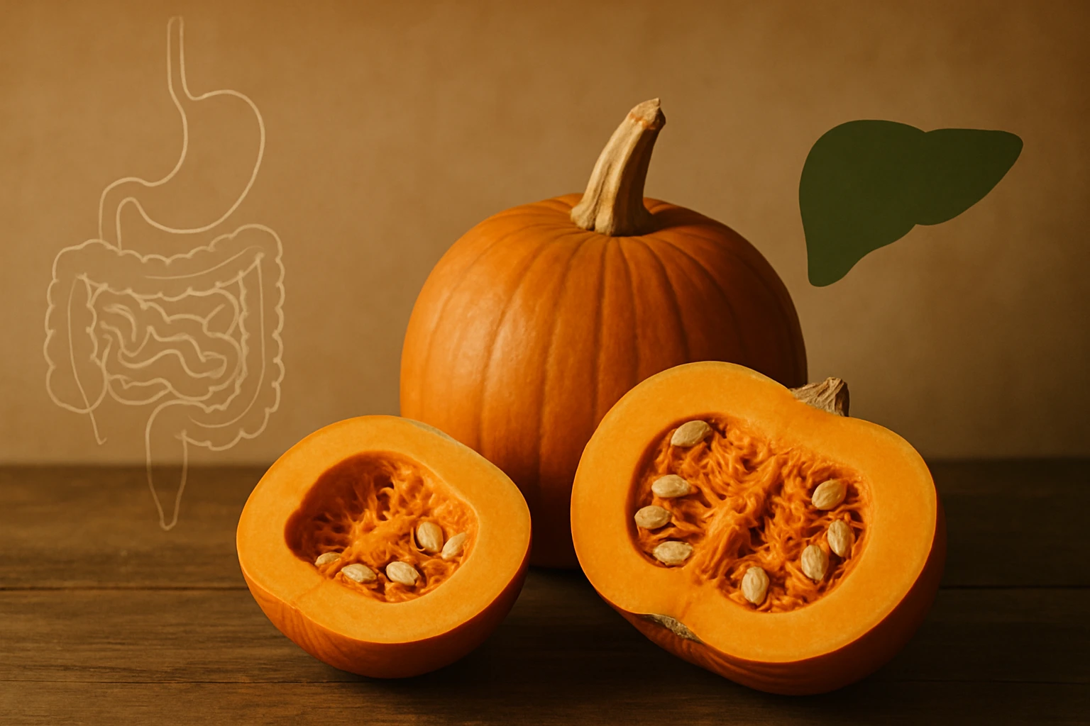 Két félbevágott sütőtök, a háttérben egy egész sütőtök és emésztőrendszer ábrázolás.