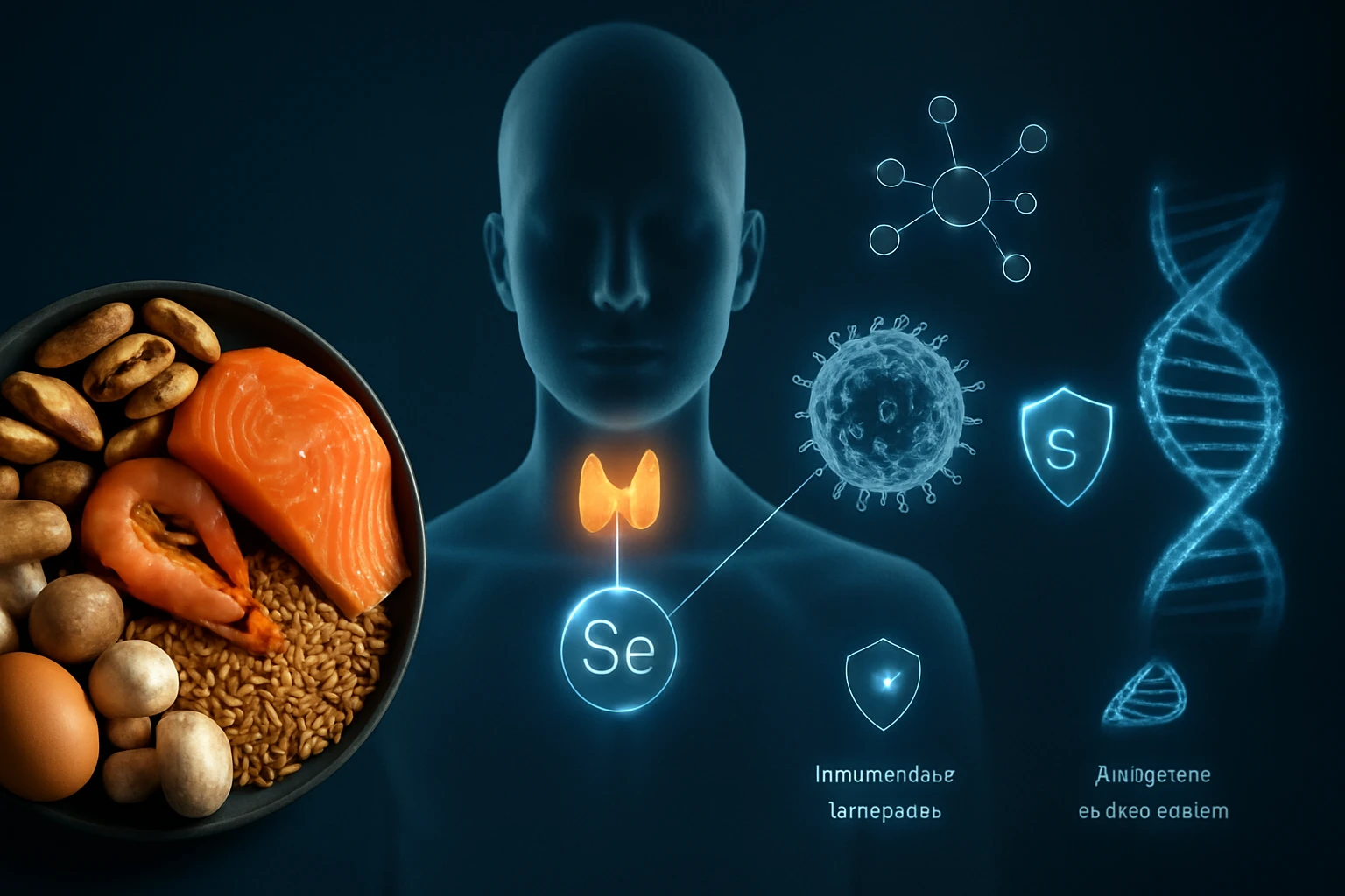 Egy tálban különböző ételek, mint lazac, garnéla és magvak, a háttérben emberi alak és egészségügyi szimbólumok.