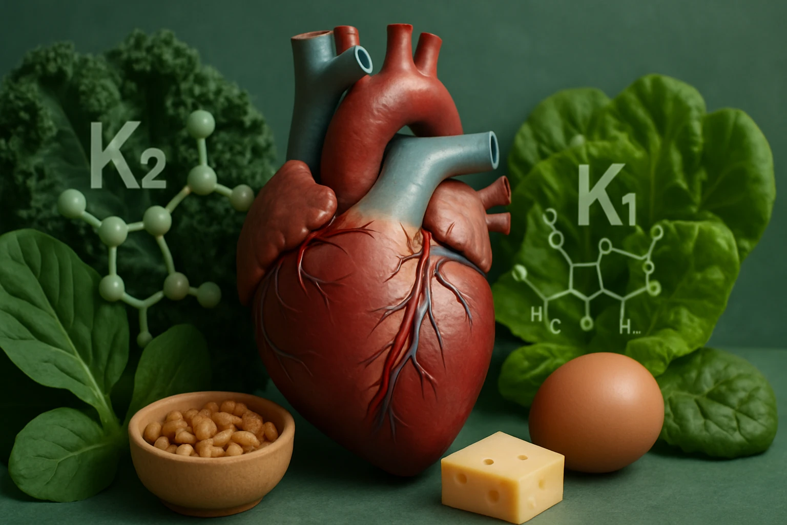 Egy emberi szív modellje zöld levelek és tápláló ételek mellett.