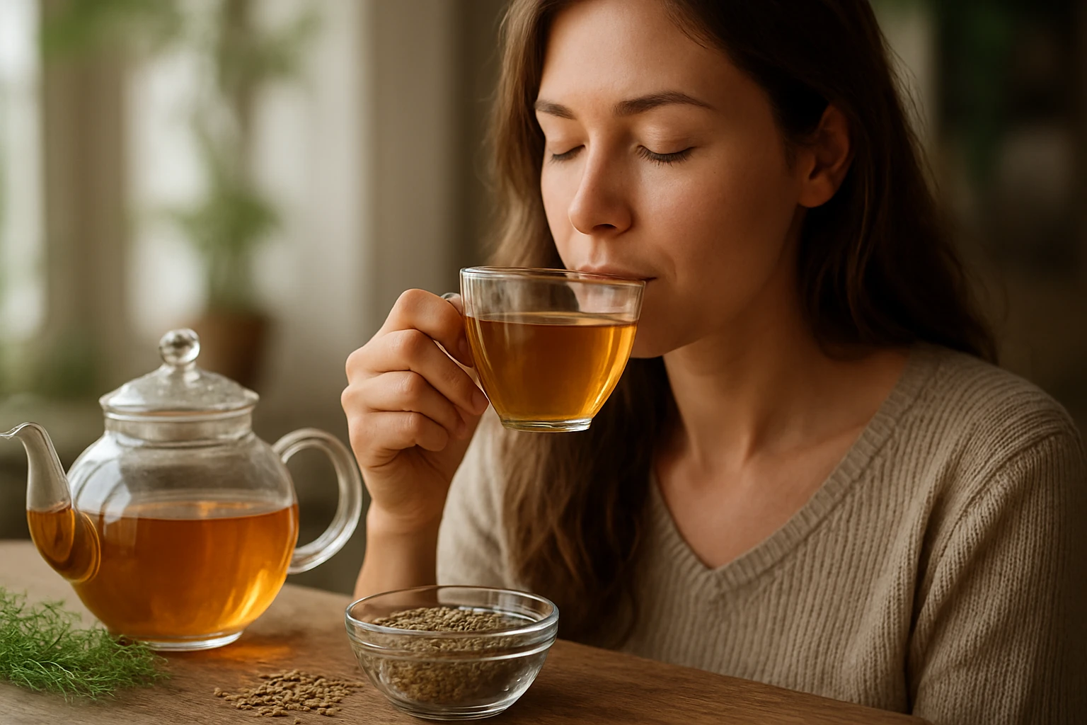 Egy nő teát iszik, miközben egy üveg teáskanna és fűszerek láthatók mellette.