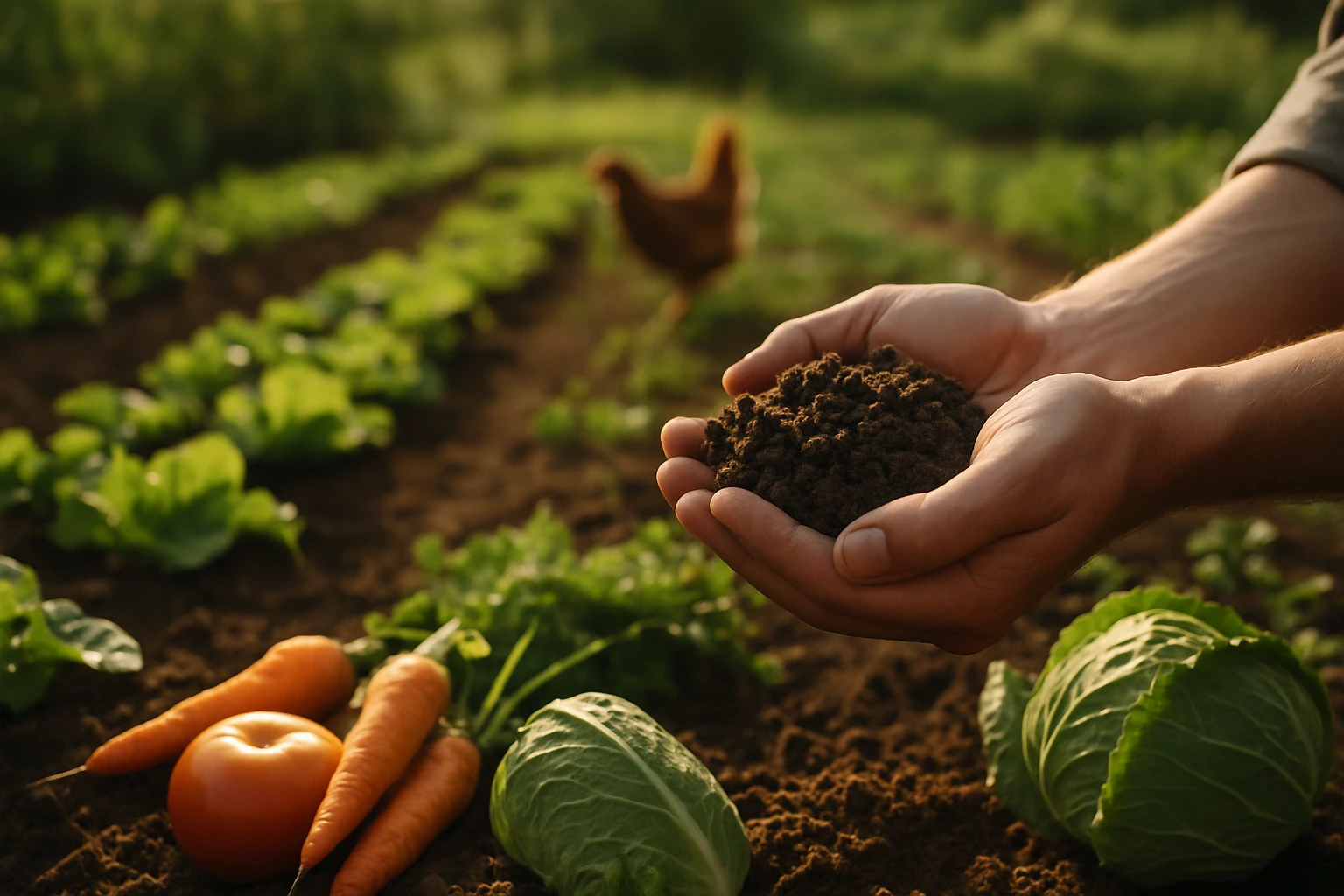 Két kézben tartott föld, friss zöldségek között, háttérben tyúk.
