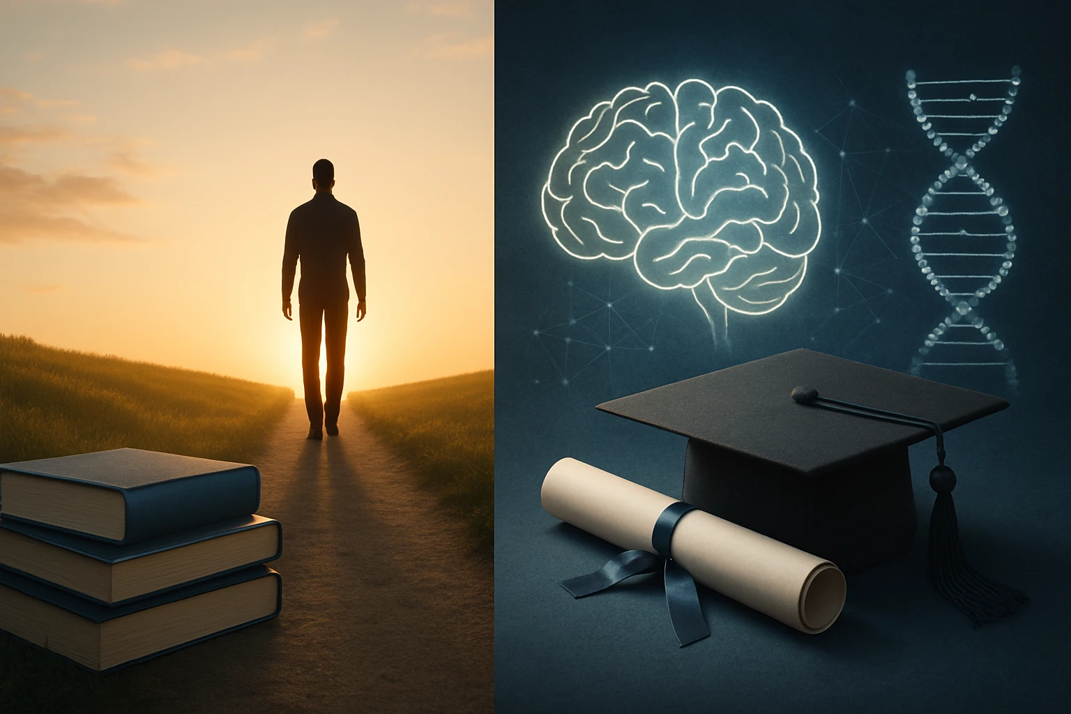 Egy férfi sétál a naplementében, könyvek és tudományos szimbólumok mellett.