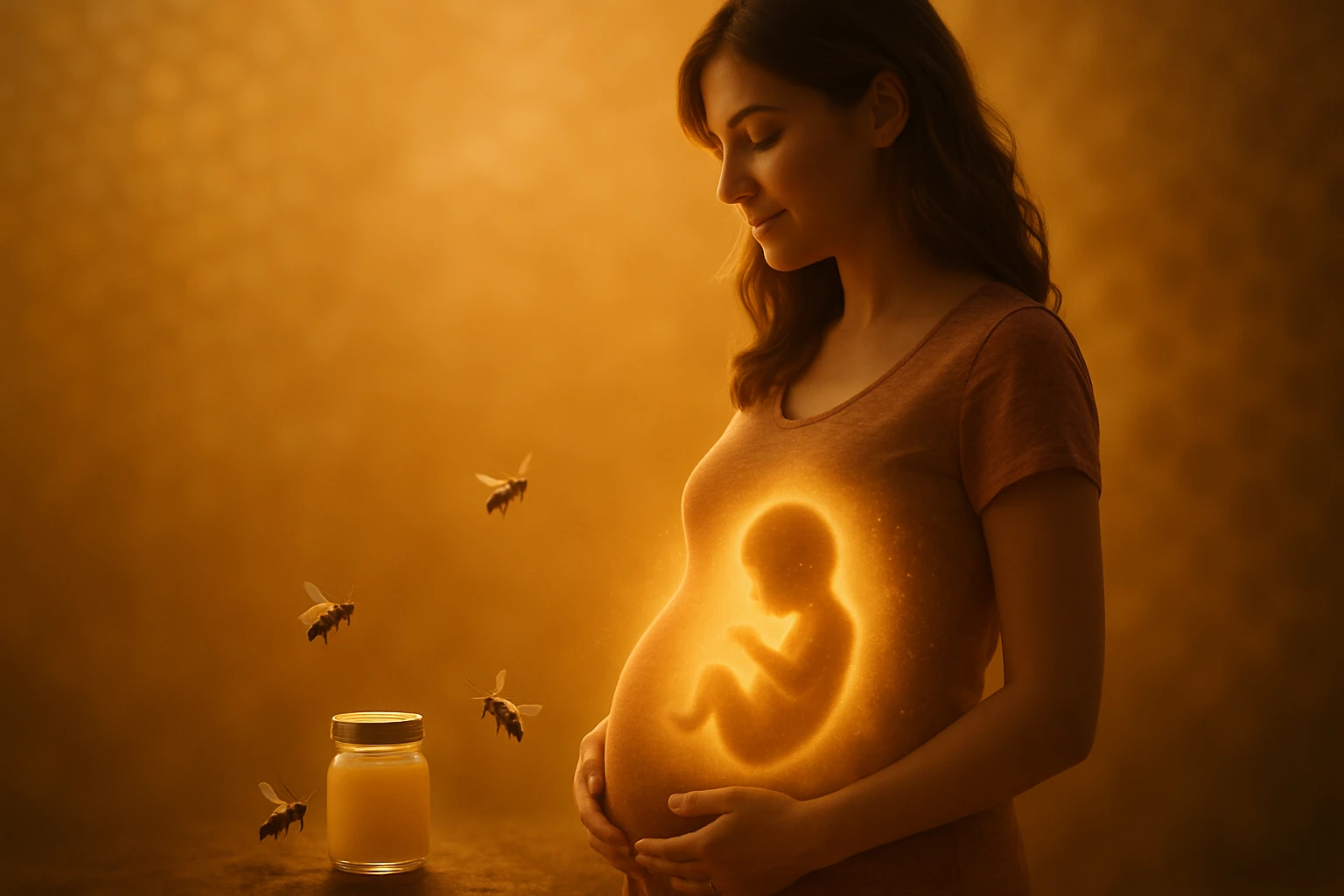 Egy kismama mosolyog, a hasán egy magzat körvonalai látszanak, méhek repkednek.