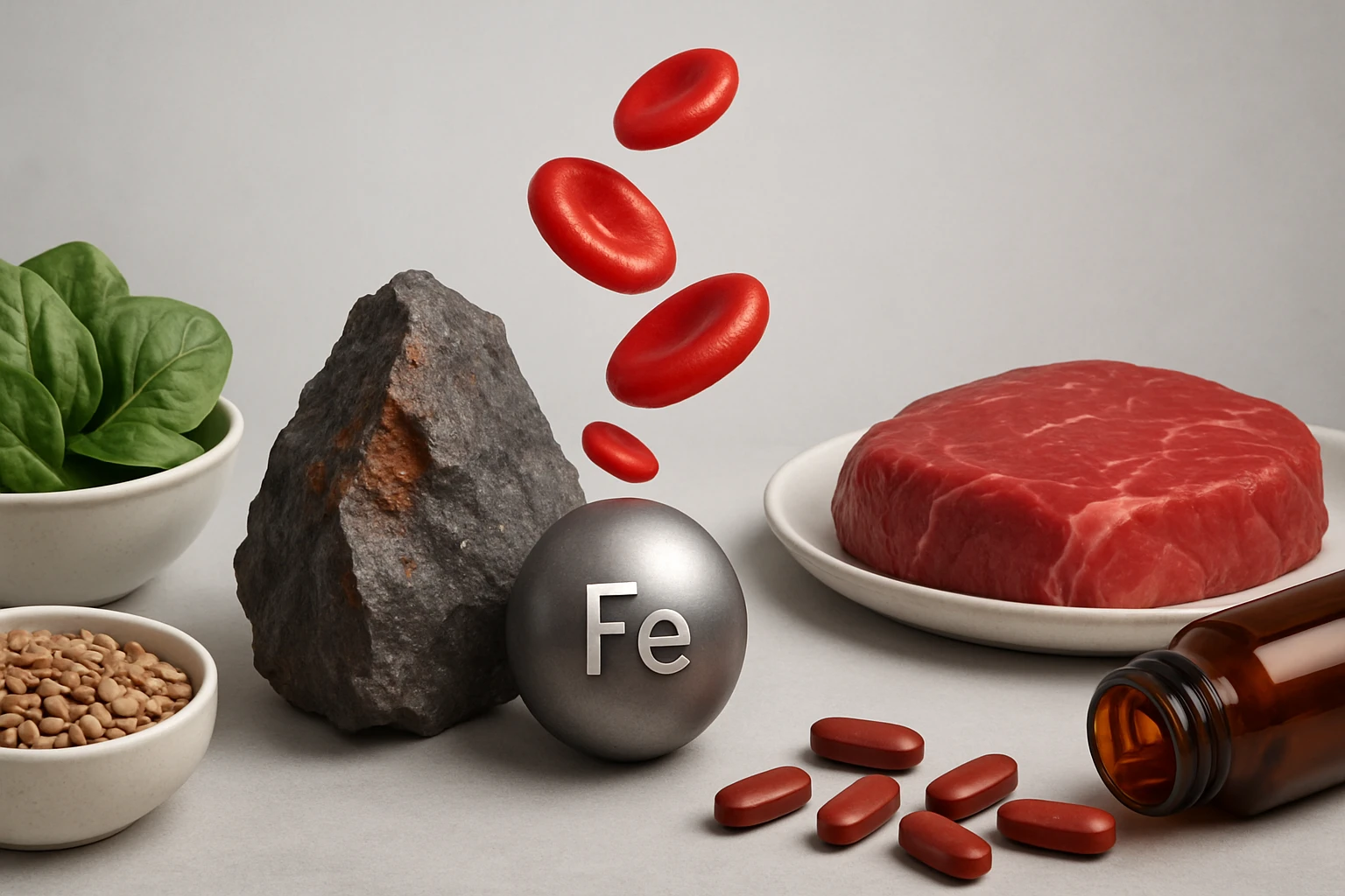 Vörösvérsejtek, vas, hús és növényi források ábrázolása.