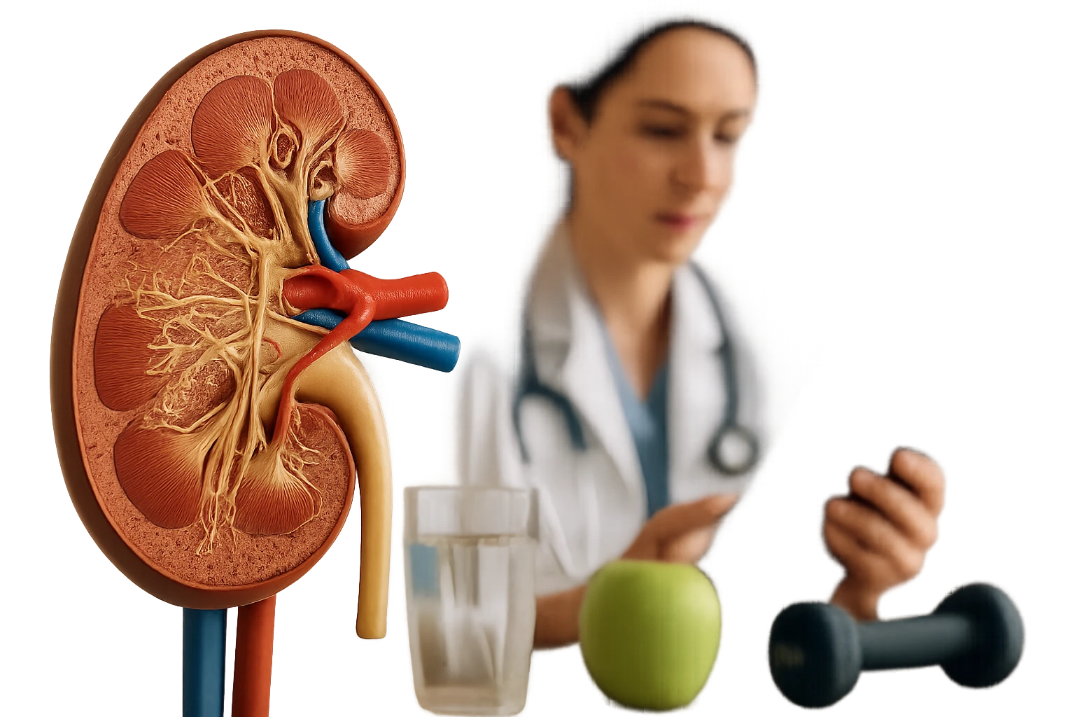 Egy emberi vese részletes anatómiai ábrázolása, mellette egészséges életmód eszközei.