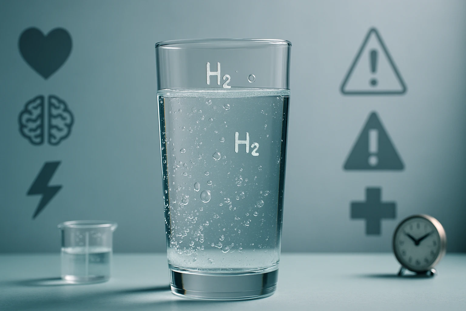 Egy pohár víz, amelyen H2 felirat látható, buborékokkal.