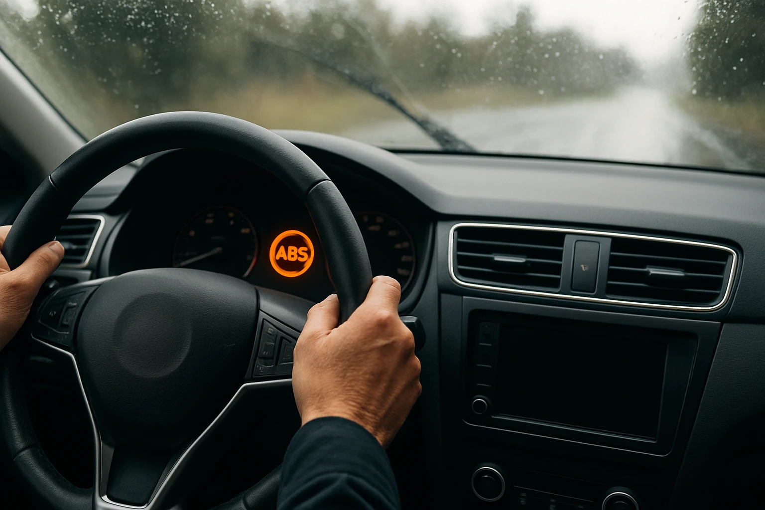 Két kéz fogja a kormányt, az autó műszerfalán az ABS lámpa világít.