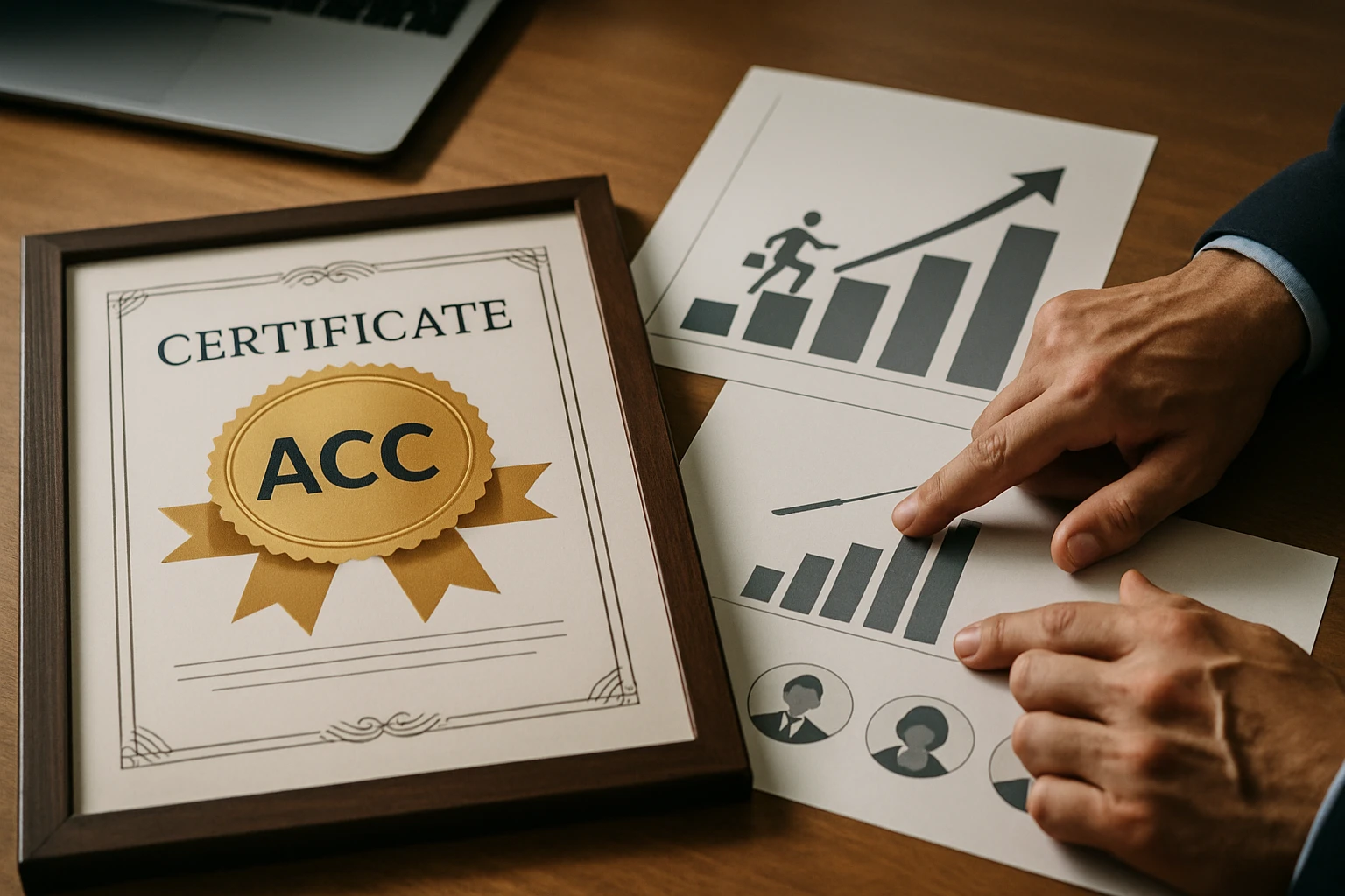 Egy ACC tanúsítvány látható, mellette grafikonok és statisztikák.