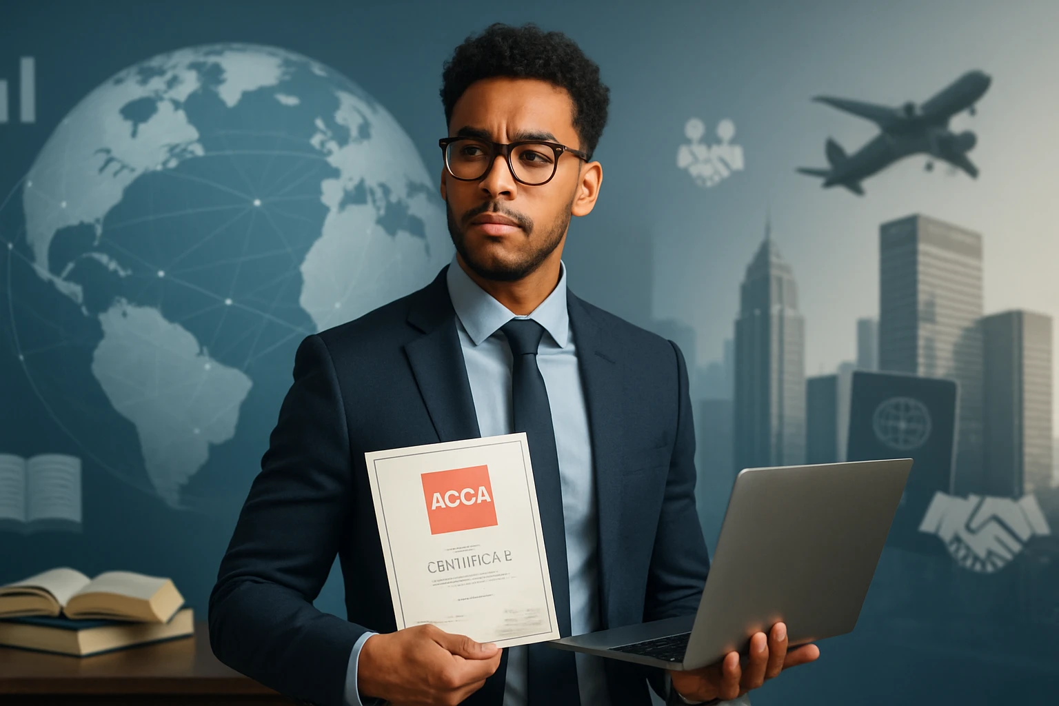 Egy fiatal férfi öltönyben, ACCA bizonyítványt tart a kezében, laptop előtt.