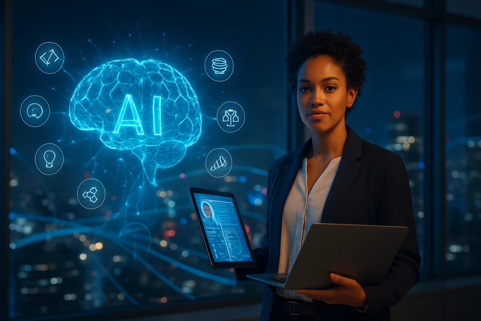 Egy nő, aki laptopot és táblagépet tart, AI grafika a háttérben.