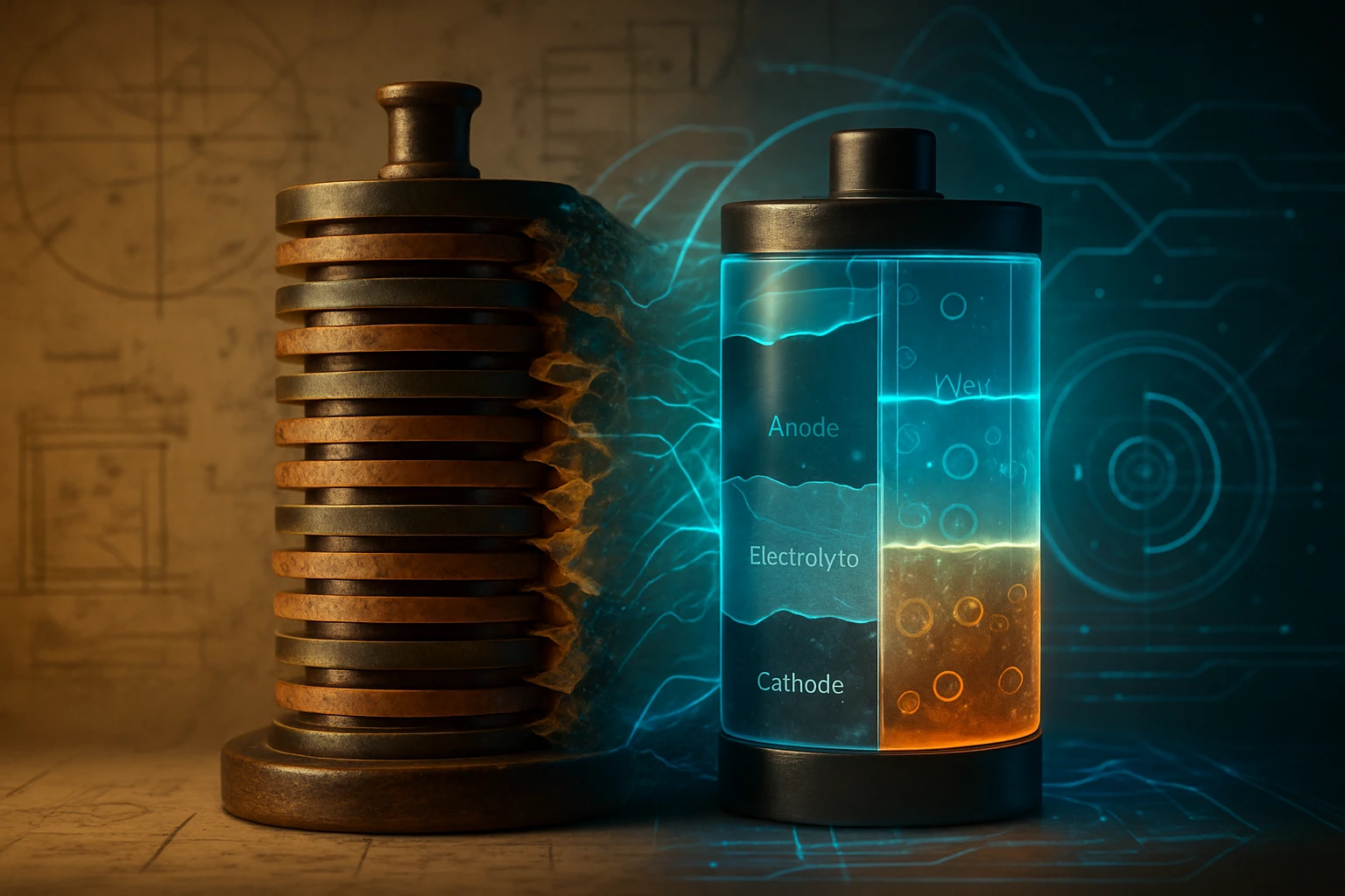 Egy modern akkumulátor és egy régi generátor, háttérben technikai rajzokkal.