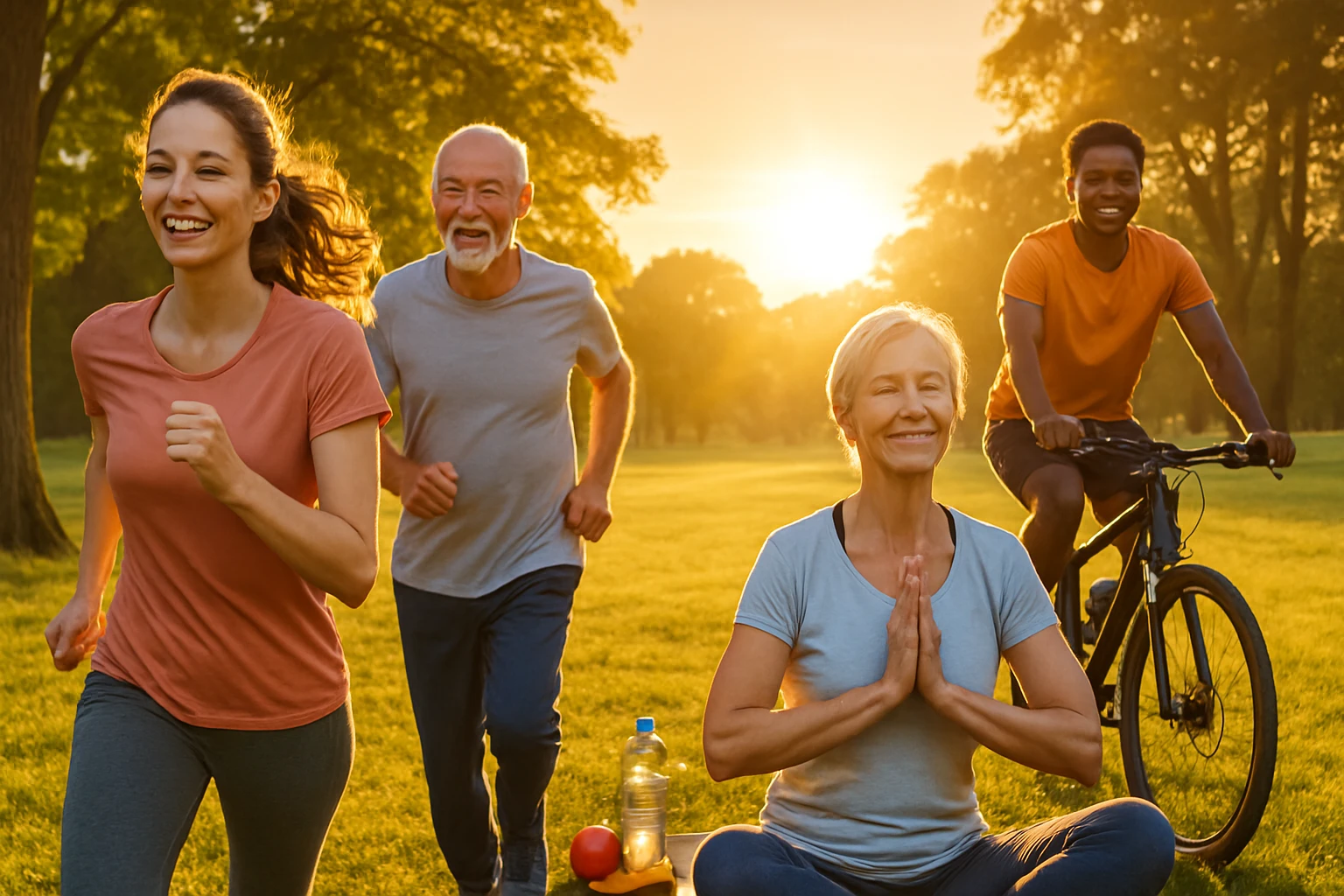 Két futó és egy kerékpáros élvezi a naplementét egy parkban.