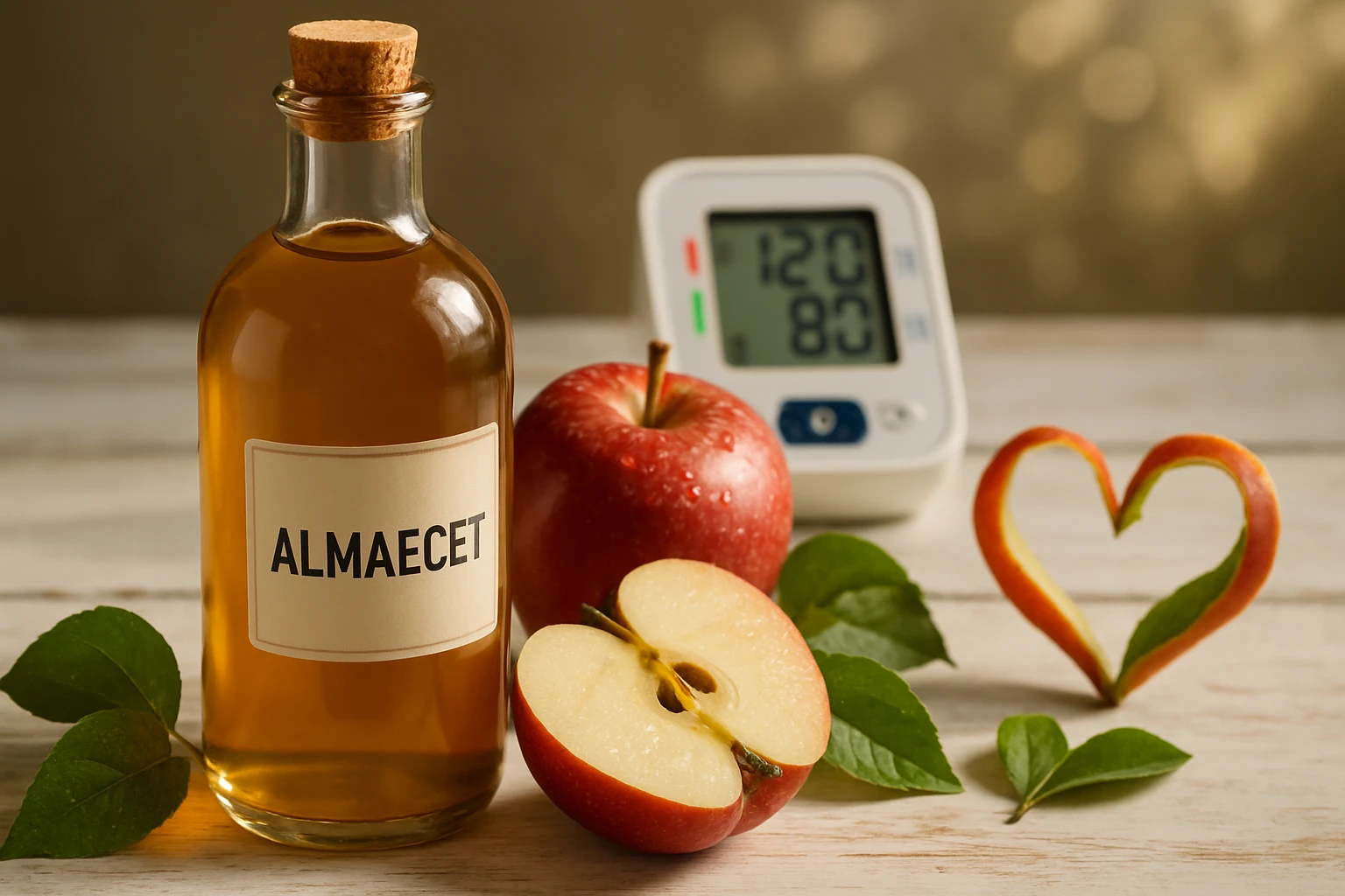 Egy üveg almaecet, egy egész és fél alma, valamint egy vérnyomásmérő látható.