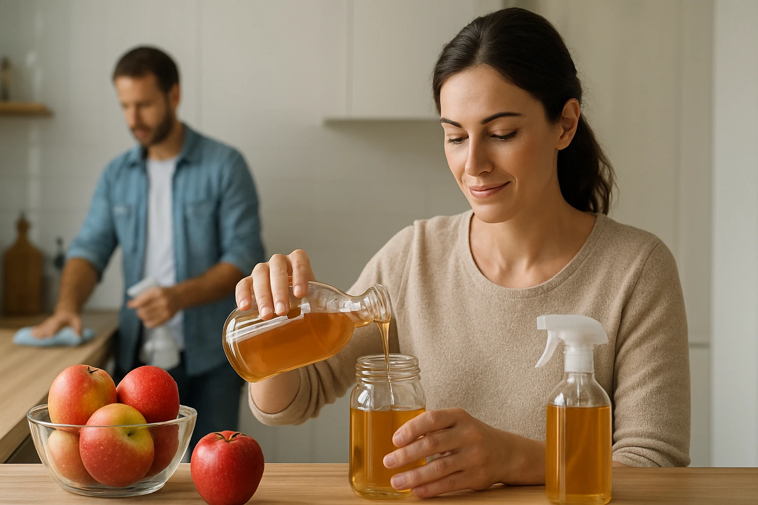 Egy nő almát önt egy üvegbe, miközben a háttérben egy férfi takarít.