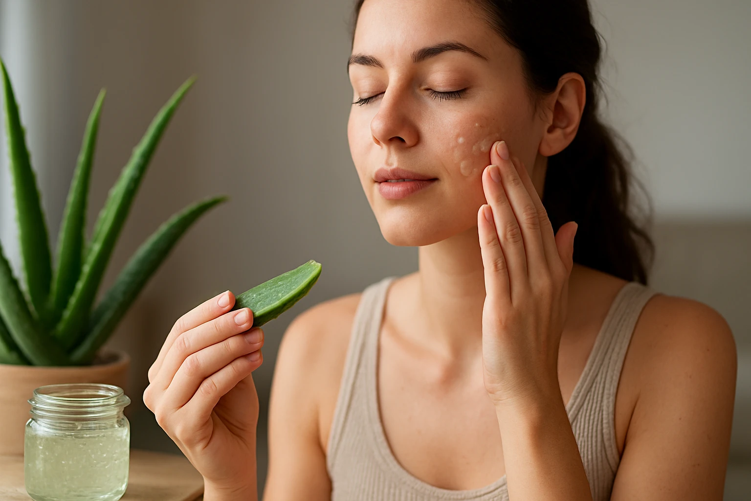 Egy nő aloe verát használ az arcán, miközben bőrét ápolja.