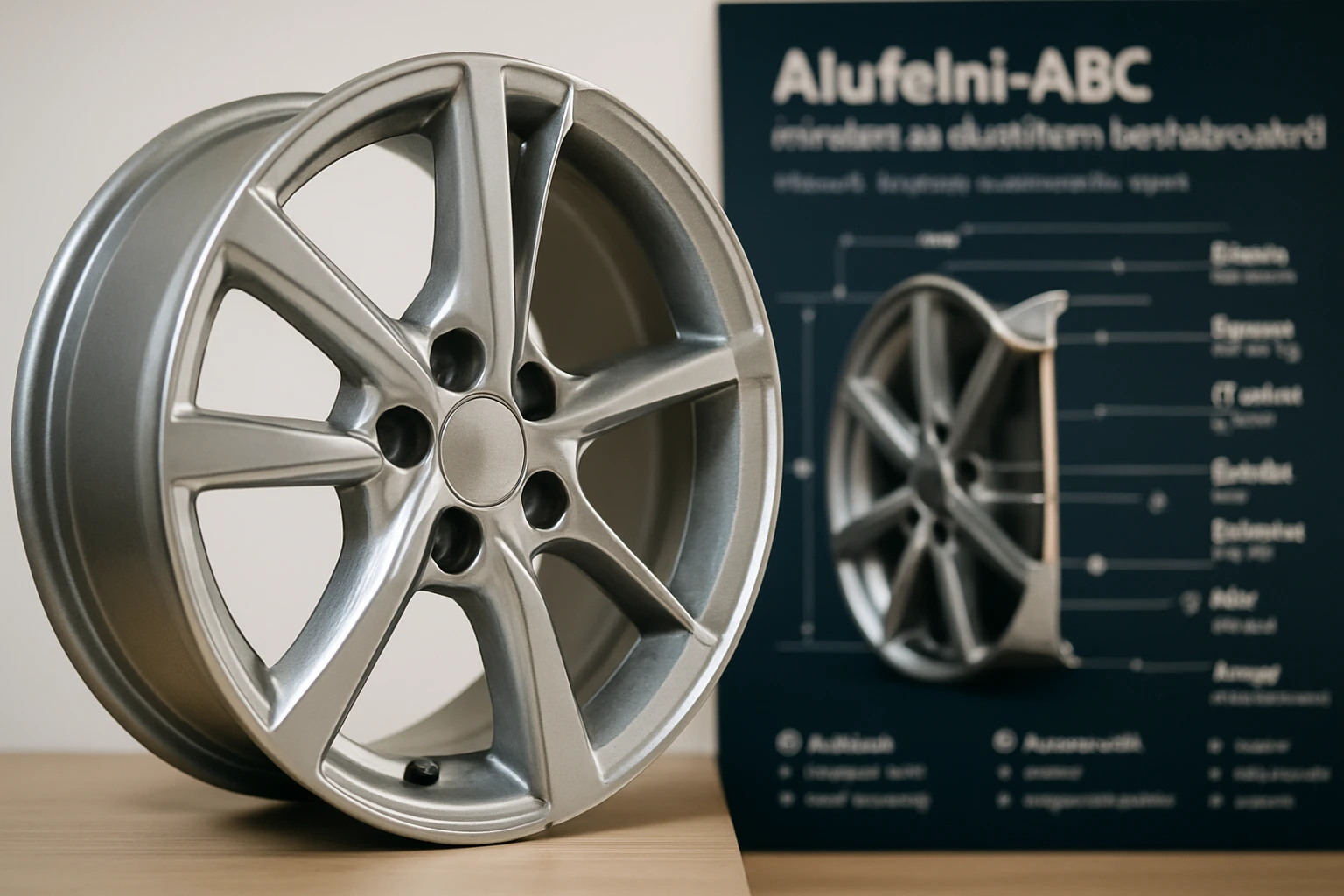 Egy ezüst színű alufelni, amely egy asztalon áll, mögötte információs táblával.