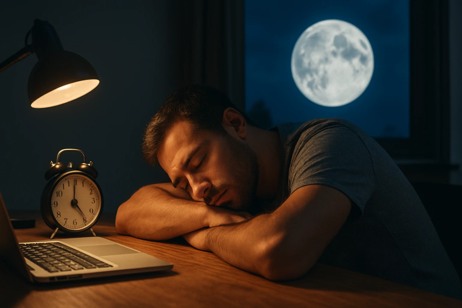 Egy férfi alszik az íróasztalánál, laptopja mellett, az ablakon keresztül a telihold látszik.