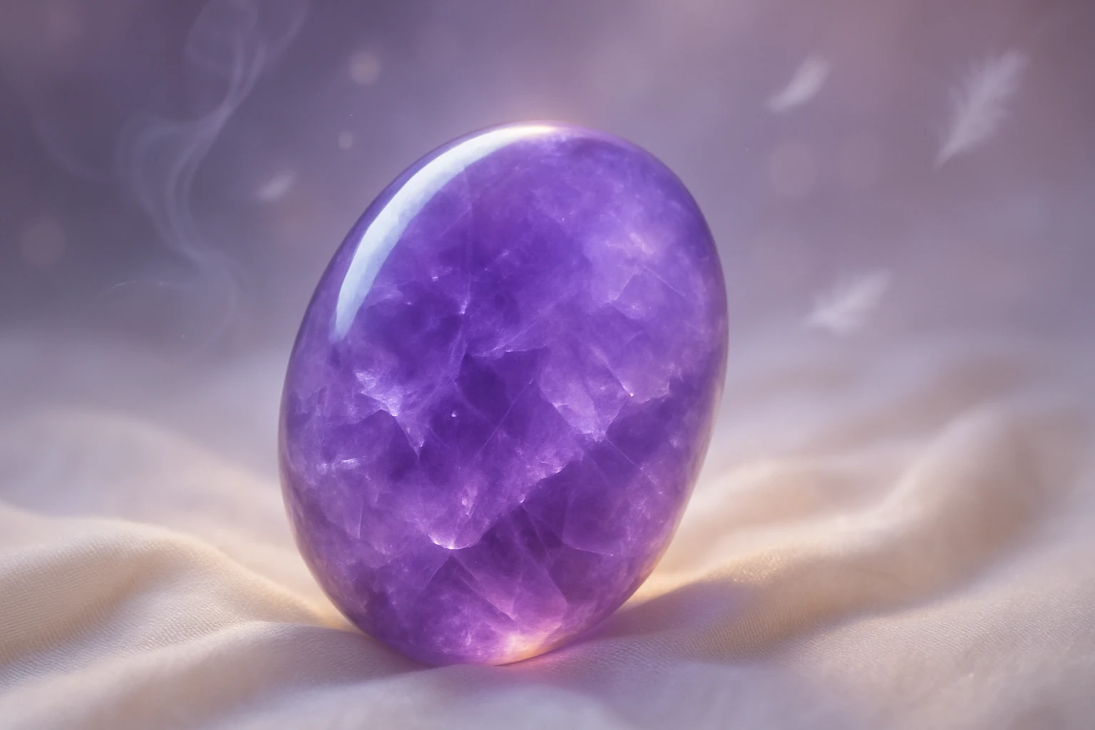 Egy csillogó, lila ametiszt tojás, lágy háttérrel.