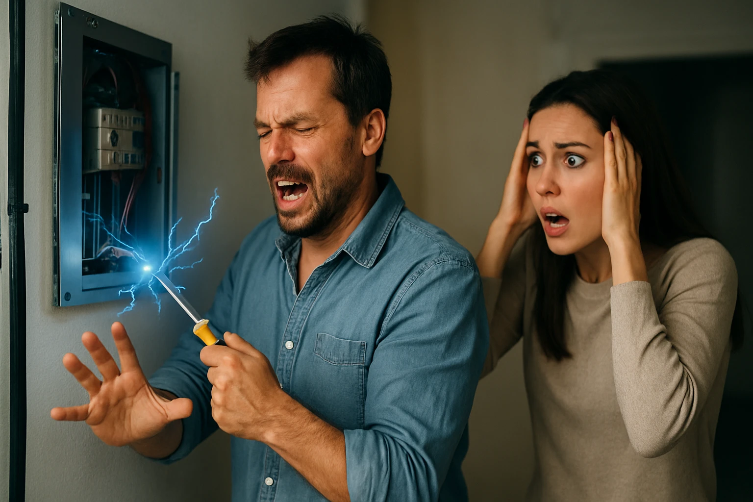 Egy férfi elektromos dobozhoz nyúl, miközben áramütést kap, a nő rémülten nézi.