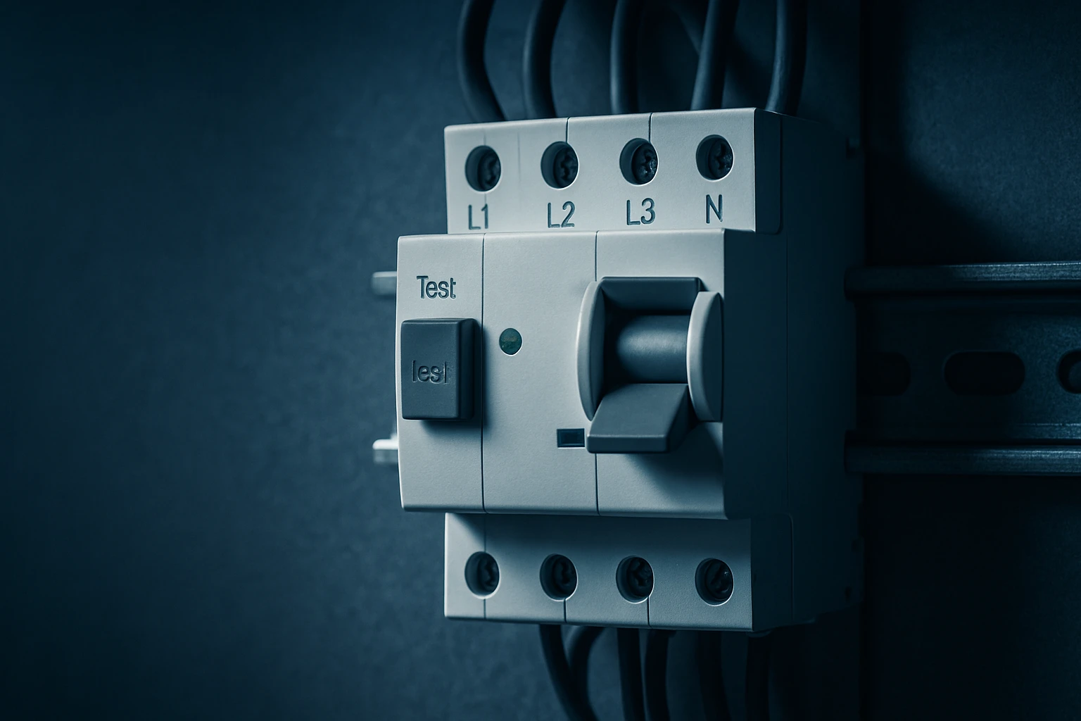 Egy áramvédő kapcsoló, amelyen a 'Test' gomb és zöld jelzőfény található.