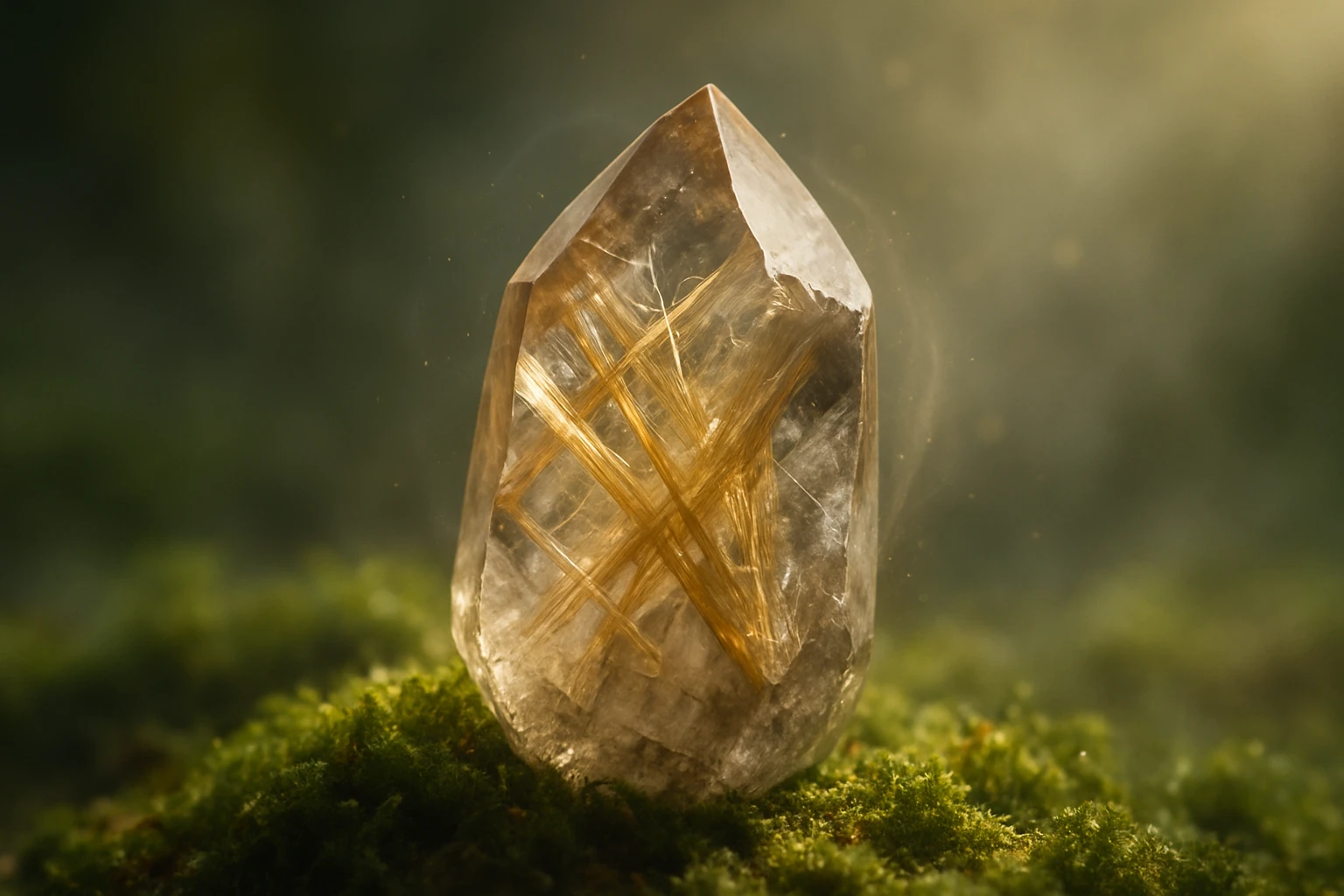 Egy csillogó, aranysávos kristály, zöld mohán állva, háttérben lágy fényekkel.