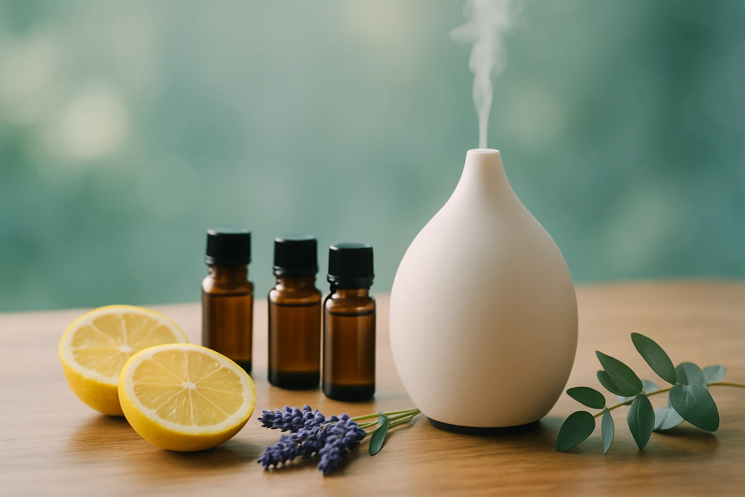 Egy aromaterápiás diffúzor, mellette levendula, citrom és illóolajok.