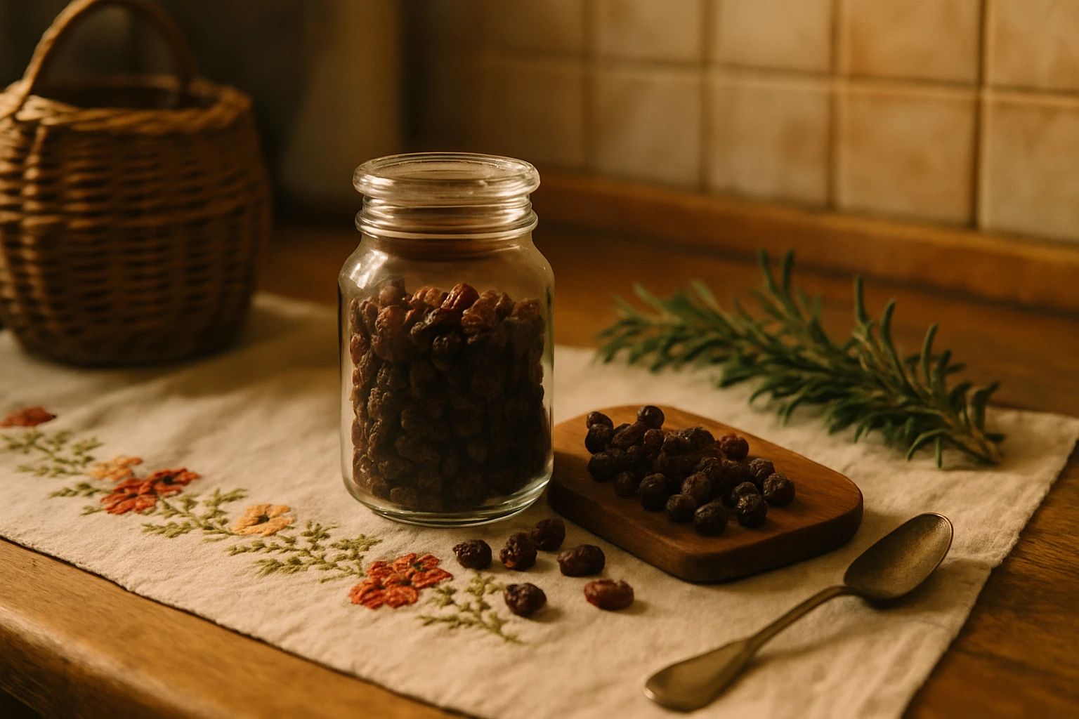 Üvegben tárolt aszalt gyümölcsök egy rusztikus konyhában.