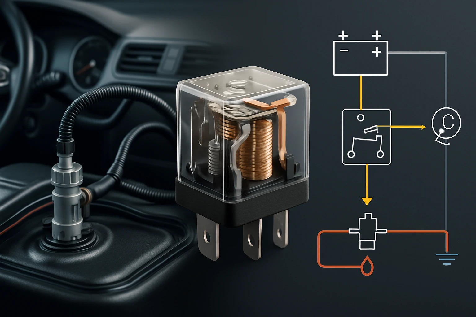 Egy autó elektromos reléje, amely a motor működéséhez szükséges.