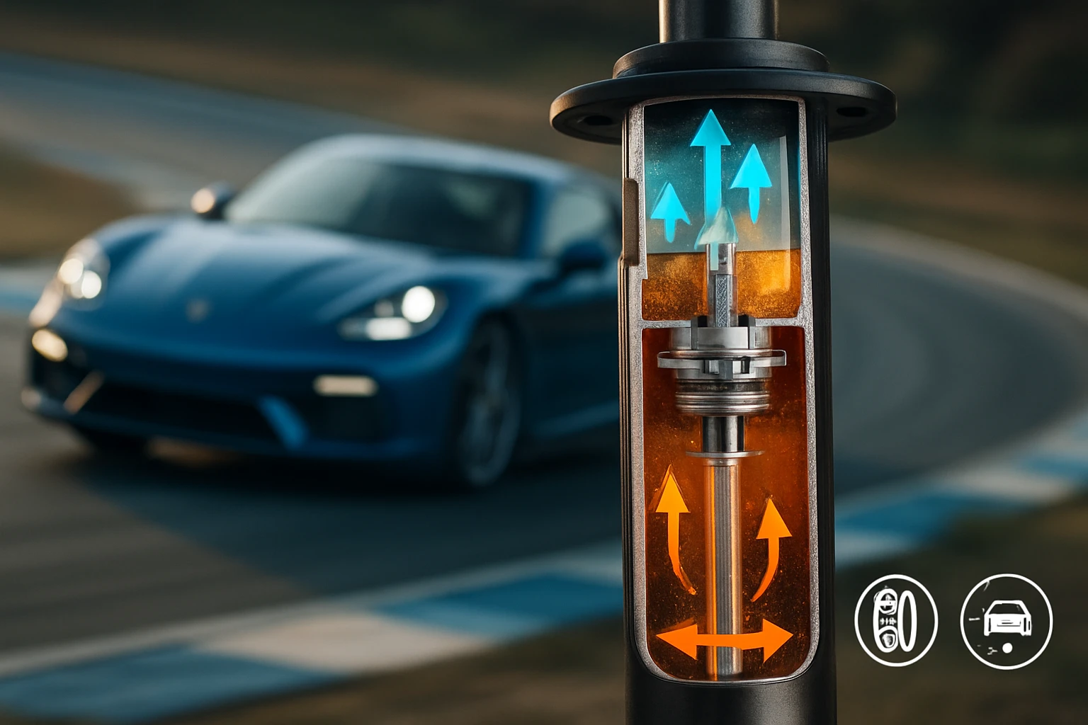 Egy autó felfüggesztési rendszerének részlete, amely bemutatja a működési elvet.