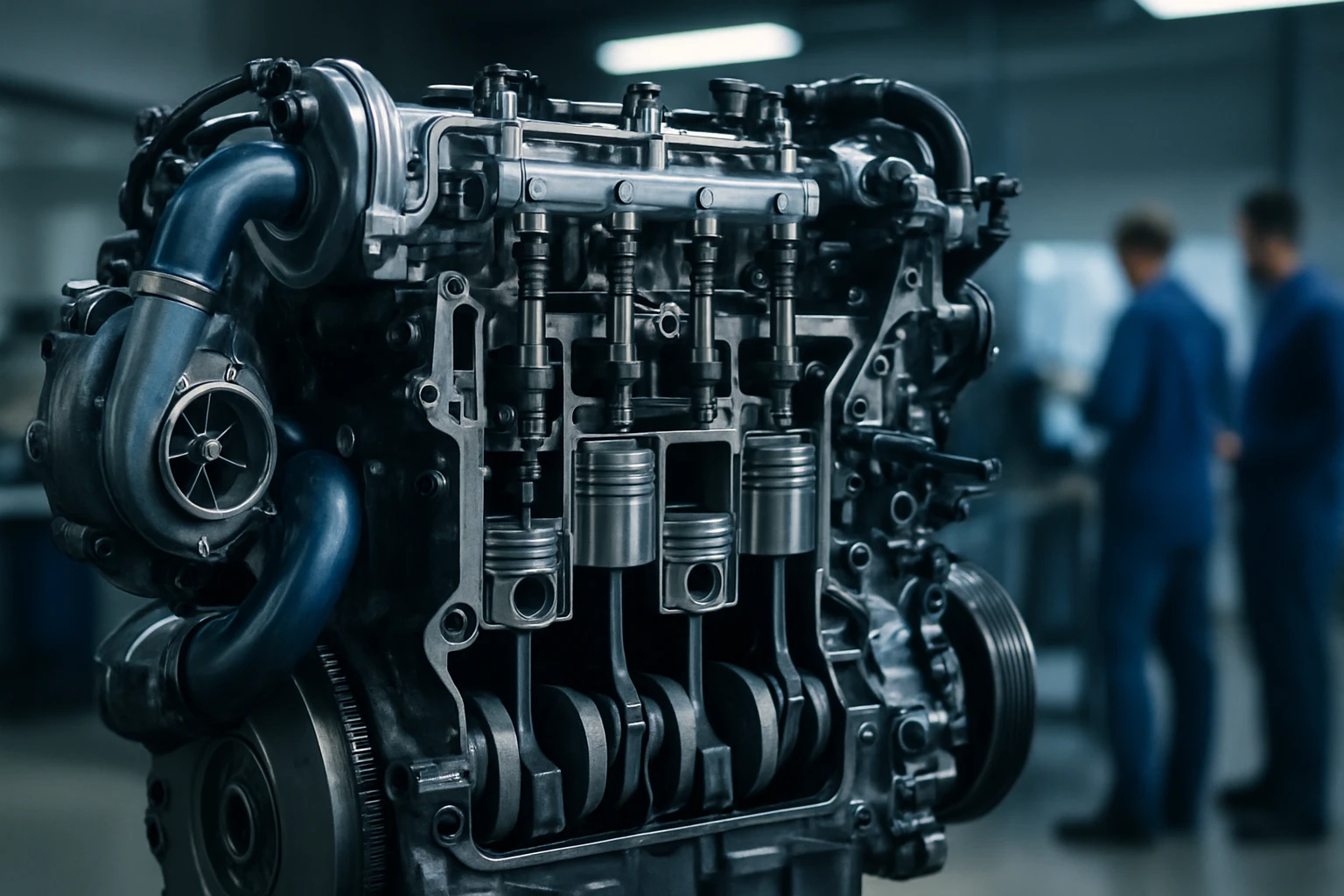 Egy modern autó motorja, részletesen bemutatva a hengereket és a turbót.
