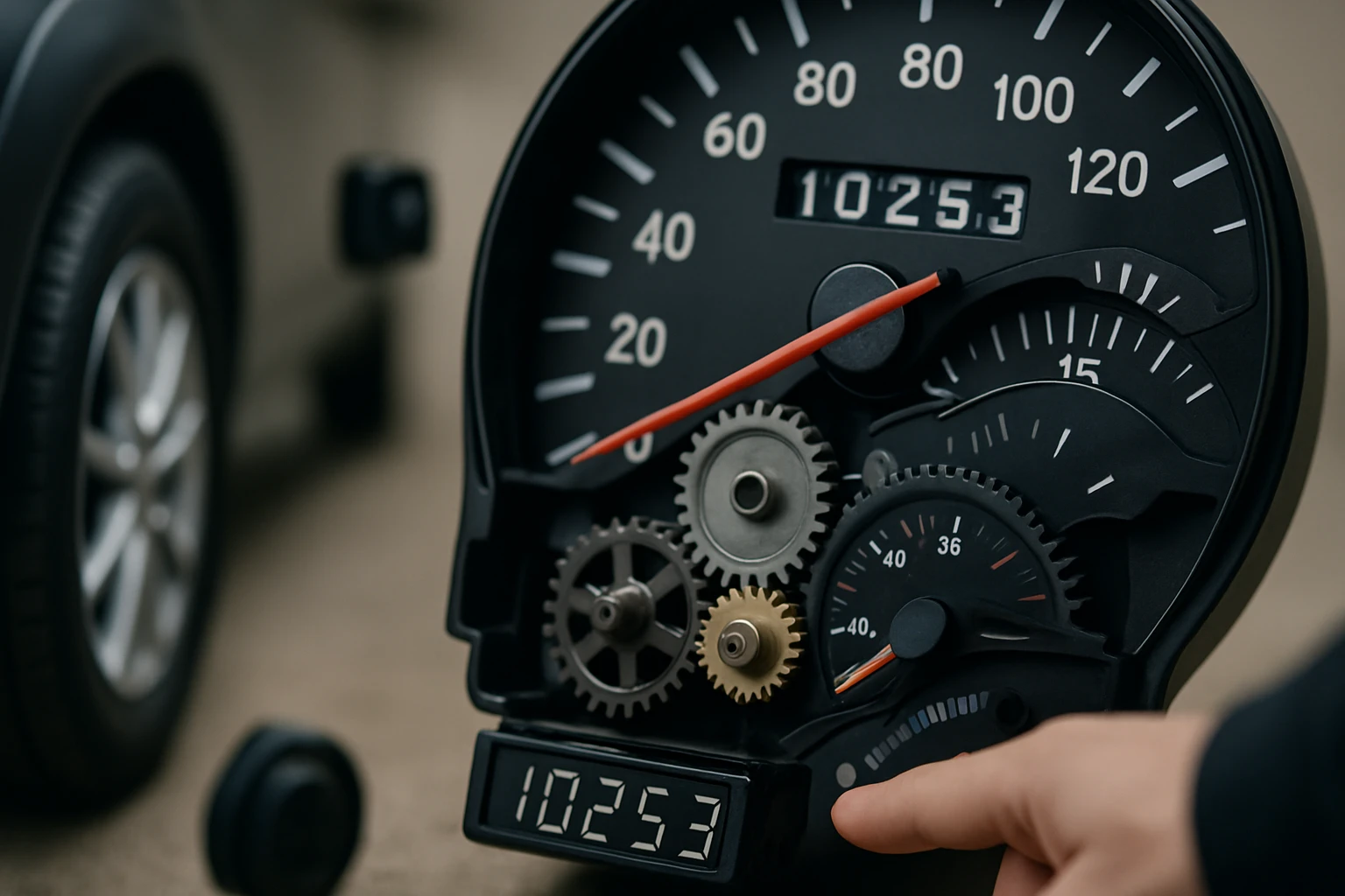 Egy autó sebességmérője, amelyen a mutató 10253 km-t jelez.