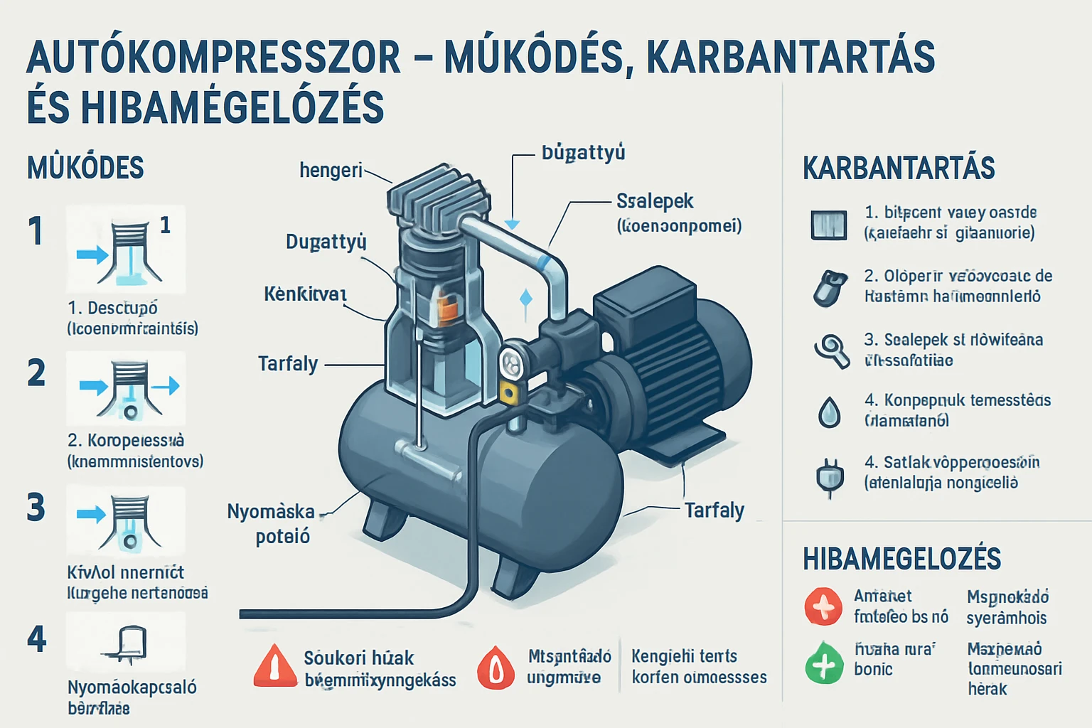 Autókompresszor működési elve és karbantartási útmutató, részletes ábrázolás.
