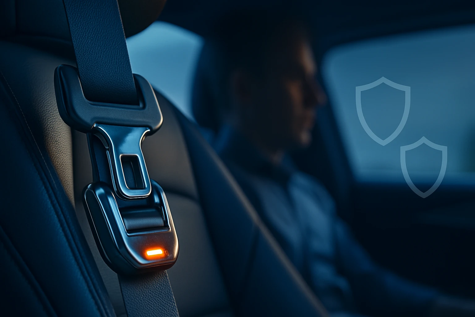 Egy autós biztonsági öv, amelynek csatján narancssárga fény világít.