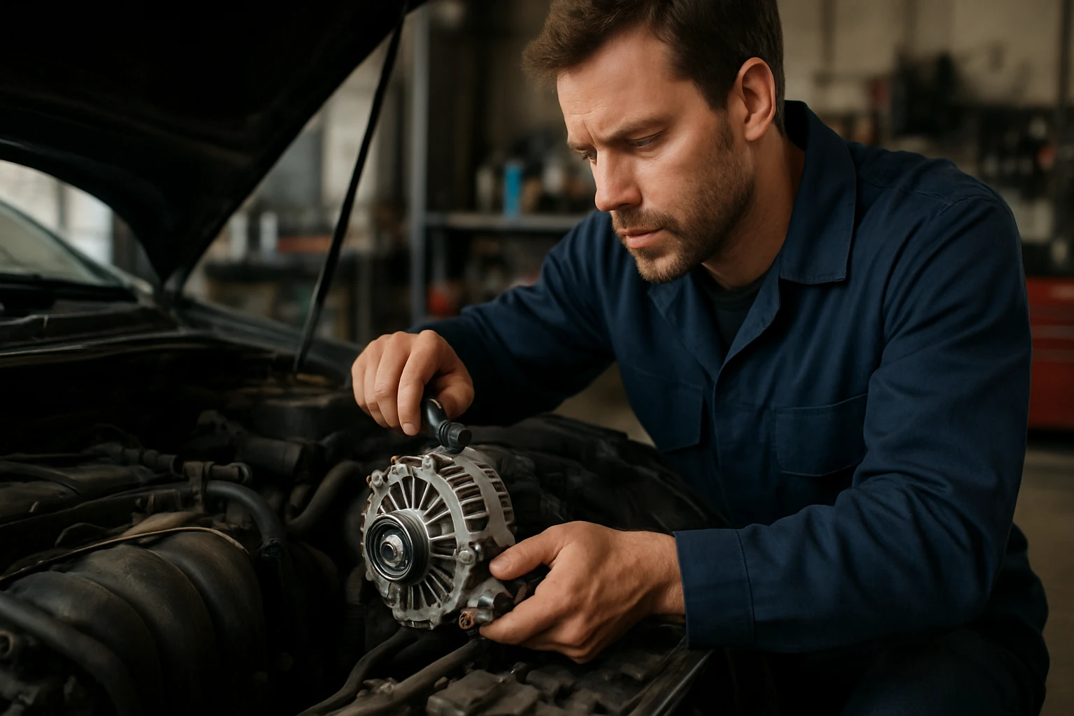 Egy férfi autószerelő a motorháztető alatt egy generátort szerel.