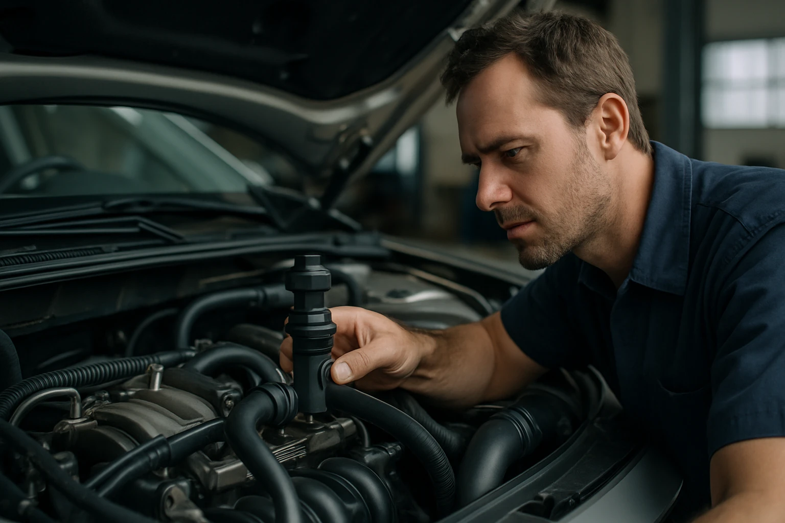 Egy férfi autó motorját vizsgálja, figyelmesen ellenőrzi a csöveket és alkatrészeket.