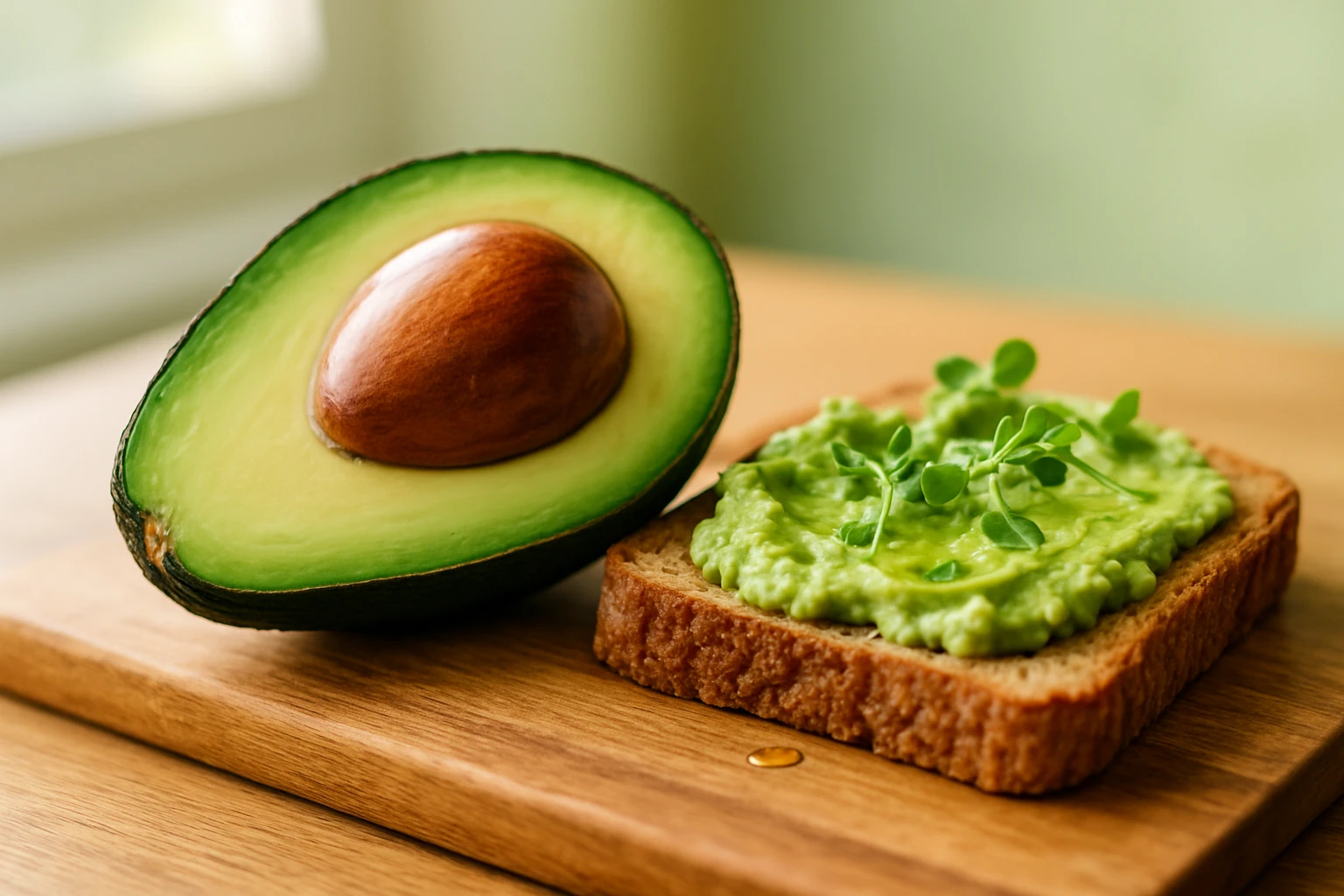 Félbevágott avokádó és pirítós, zöld krémmel megkenve, friss hajtásokkal díszítve.