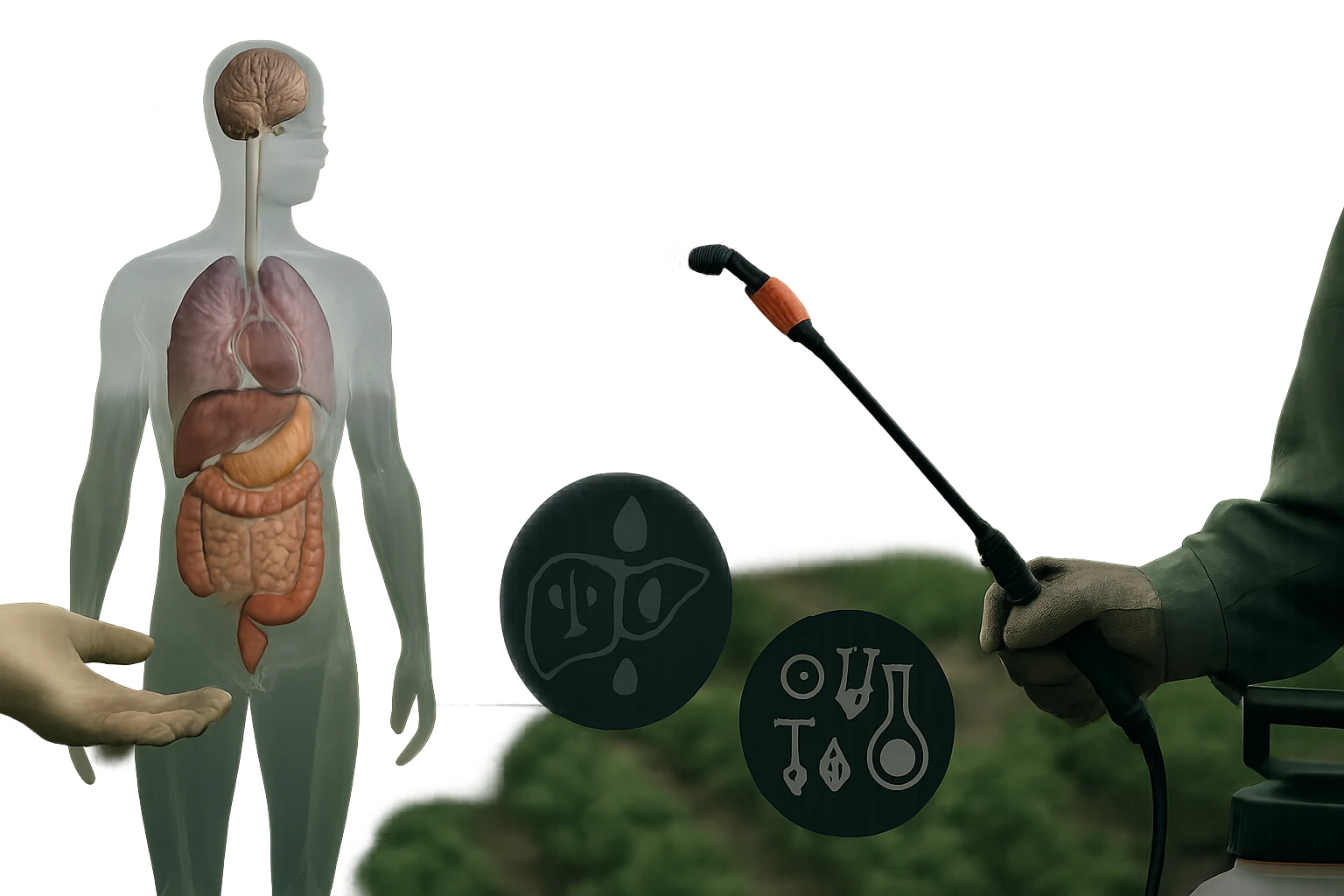 Egy emberi test sziluettje belső szervekkel, mellette permetezőgép.