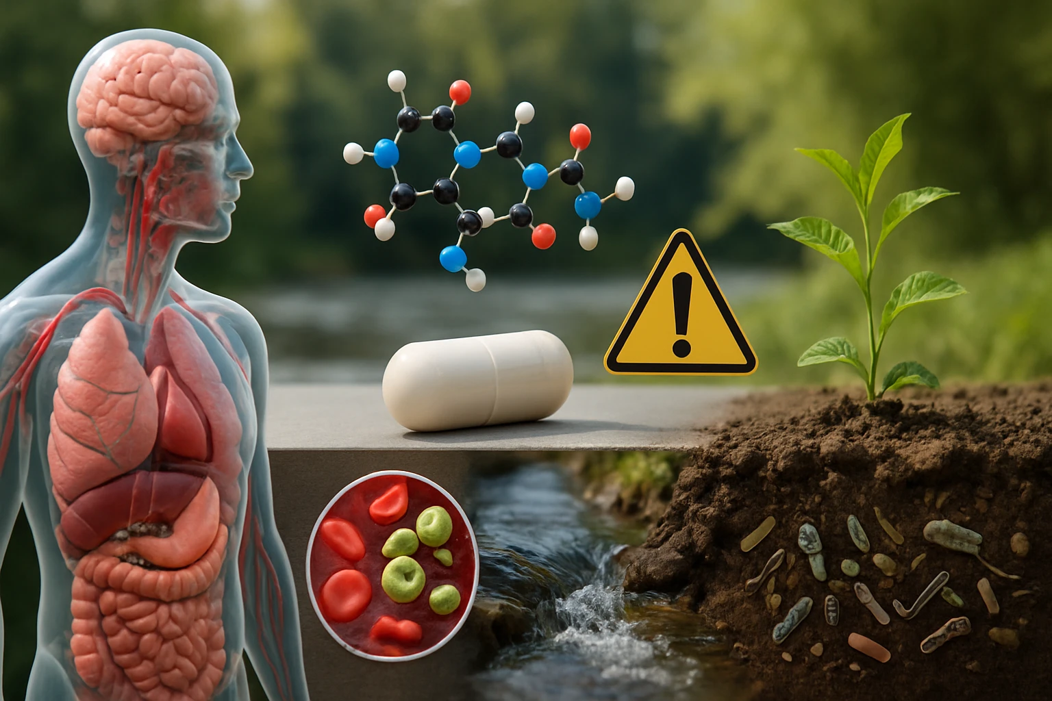 Egy emberi test ábrázolása, mellette gyógyszer, molekula és növény.