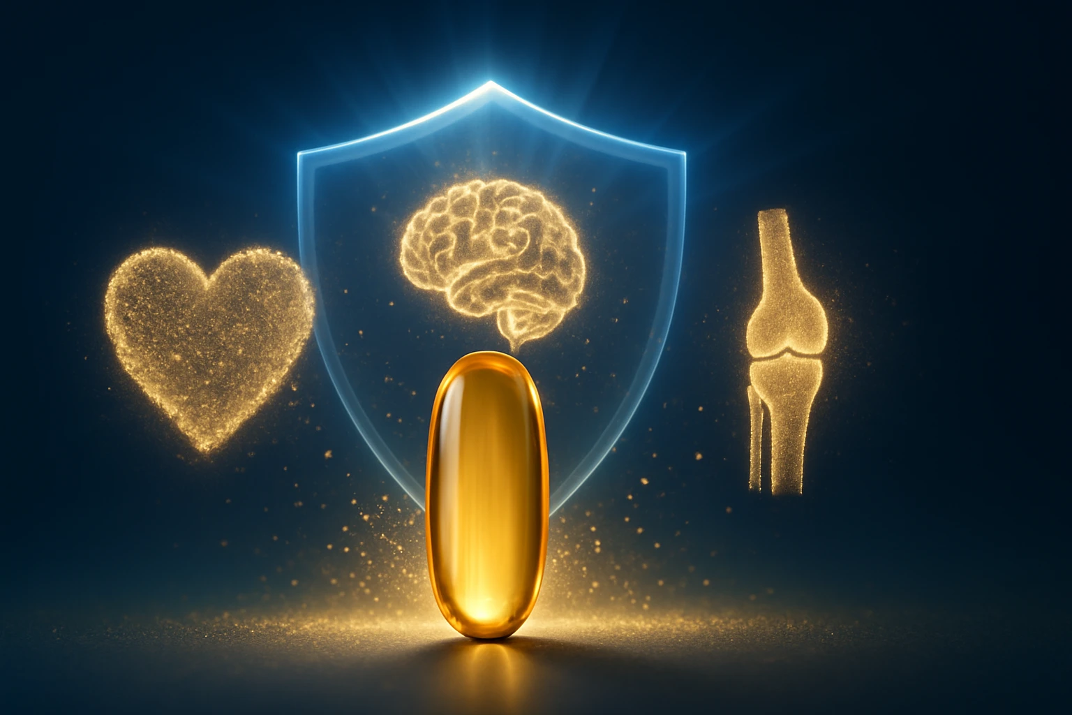 Egy aranyszínű kapszula, mellette szív, agy és térd szimbólumok.