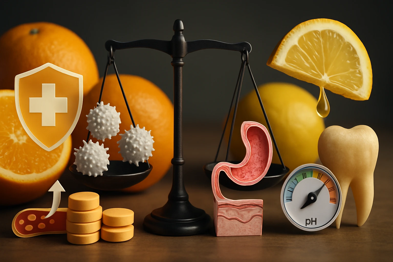 Egy mérleg, gyümölcsök és egészségügyi szimbólumok egyensúlyban, a táplálkozás fontosságát hangsúlyozva.