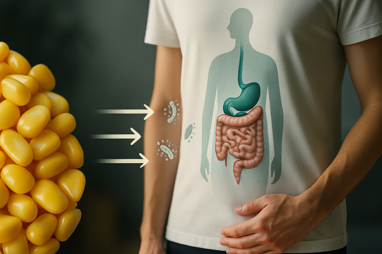 Egy emberi test sziluettje, amely a gyomor és bélrendszer működését mutatja, háttérben sárga élelmiszer.