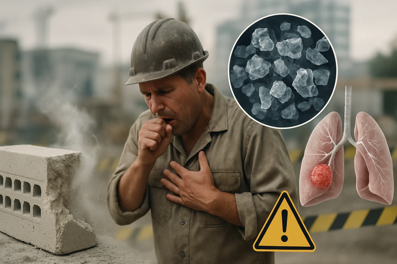 Egy építőipari munkás köhög, miközben porfelhő vesz körül.