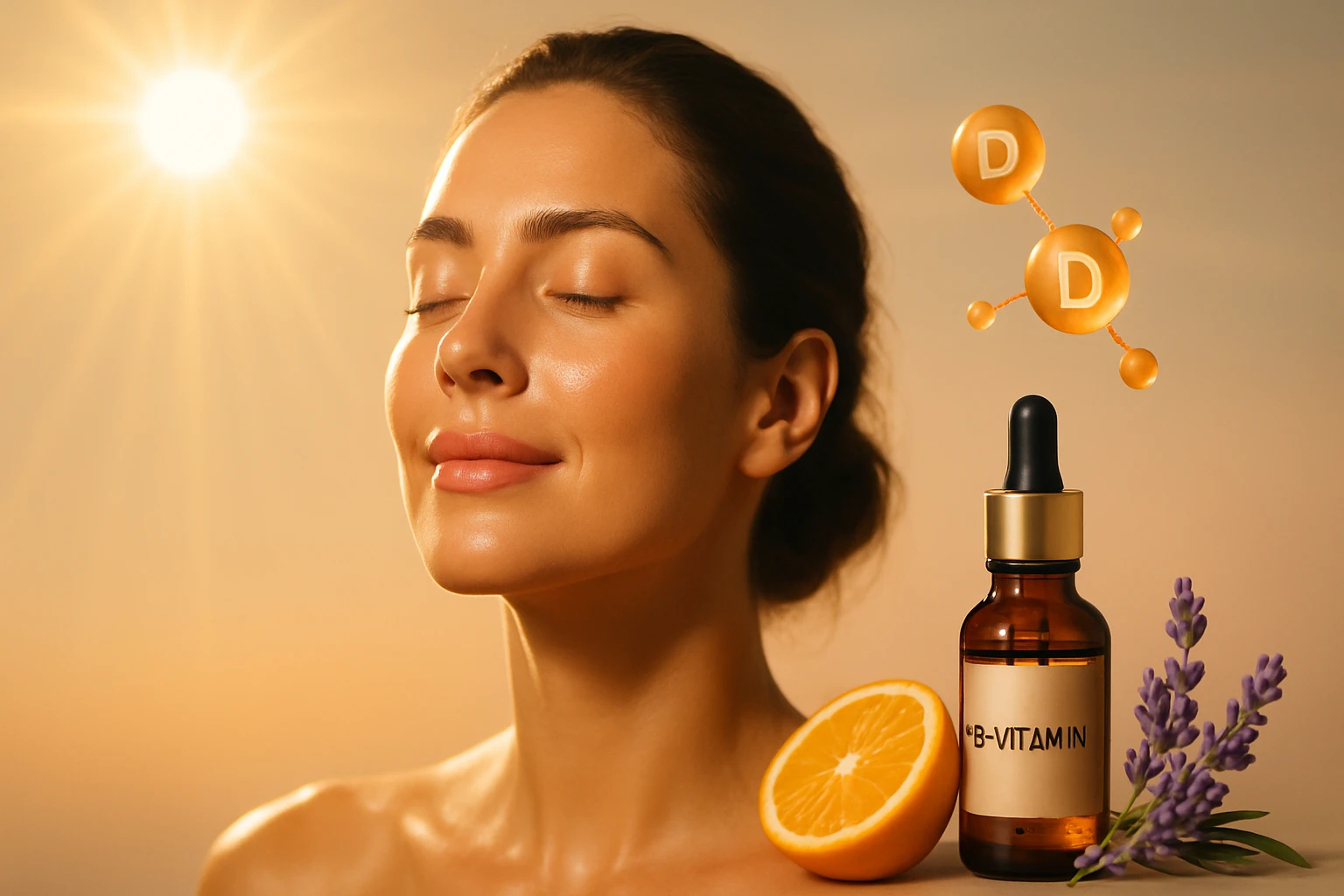 Egy nő napfényben, B-vitaminos szérummal és citrommal az arca mellett.