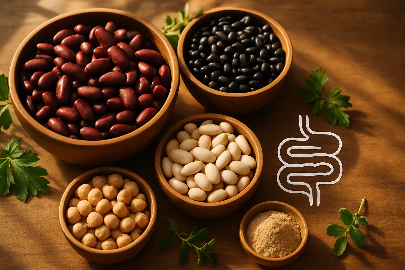 Különböző fajtájú babok és fűszerek tálakban, egészséges táplálkozás.