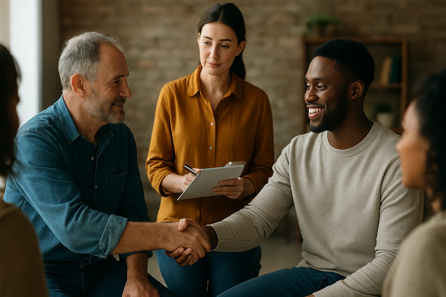 Két férfi kézfogása egy baráti megbeszélés során, háttérben egy nő jegyzetel.