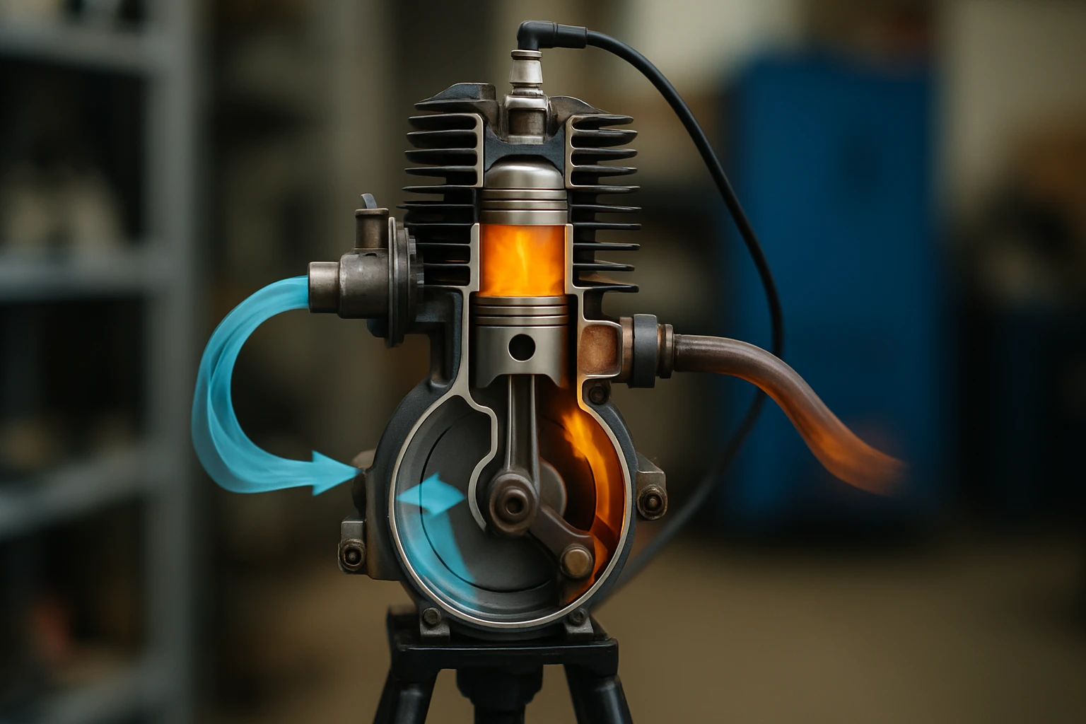 Egy motor belső égésű motorjának részletes metszete, látható a működési folyamat.